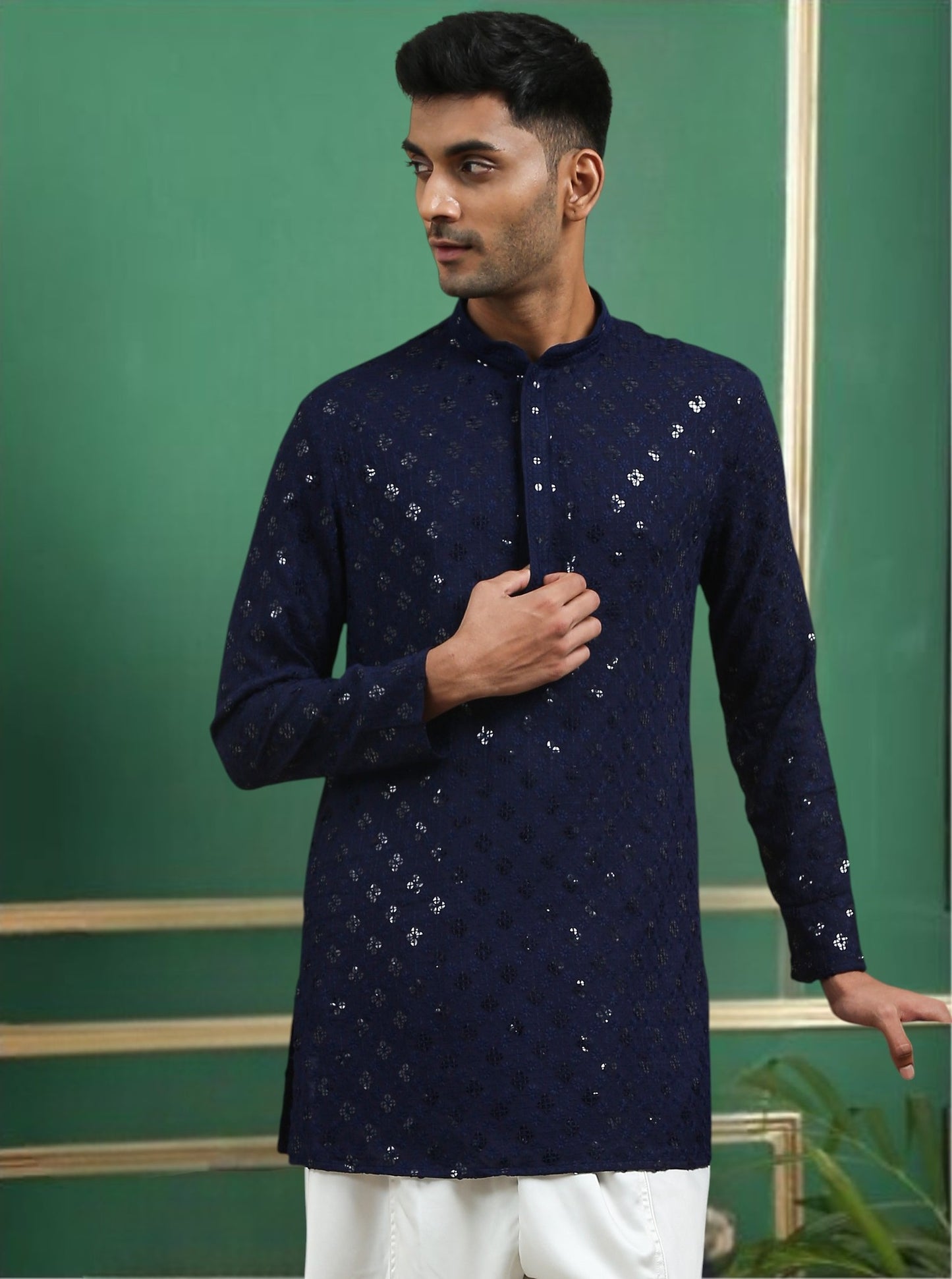 Tattva Navy Blue Toned chikankari Cotton Short Kurta