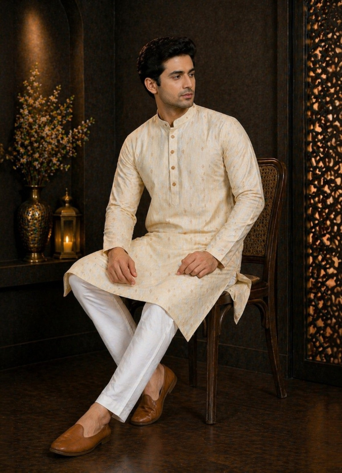 Tattva Men Cream Embroidered Pure Cotton Kurta with Pyjamas