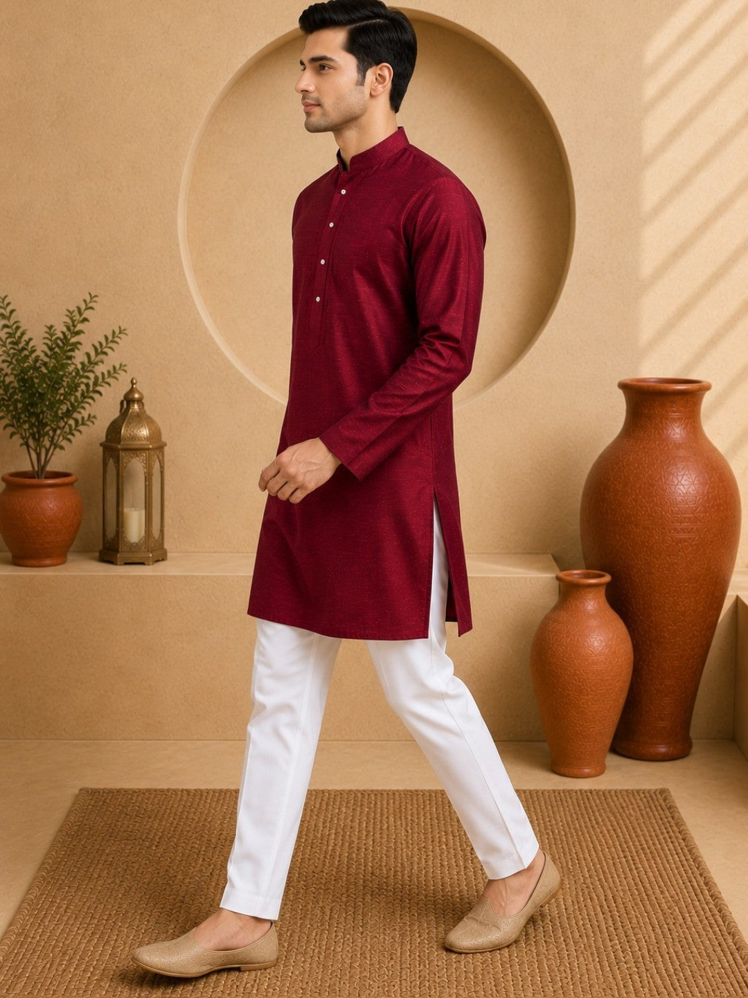 Tattva Men Embroidered Solid Short Kurta