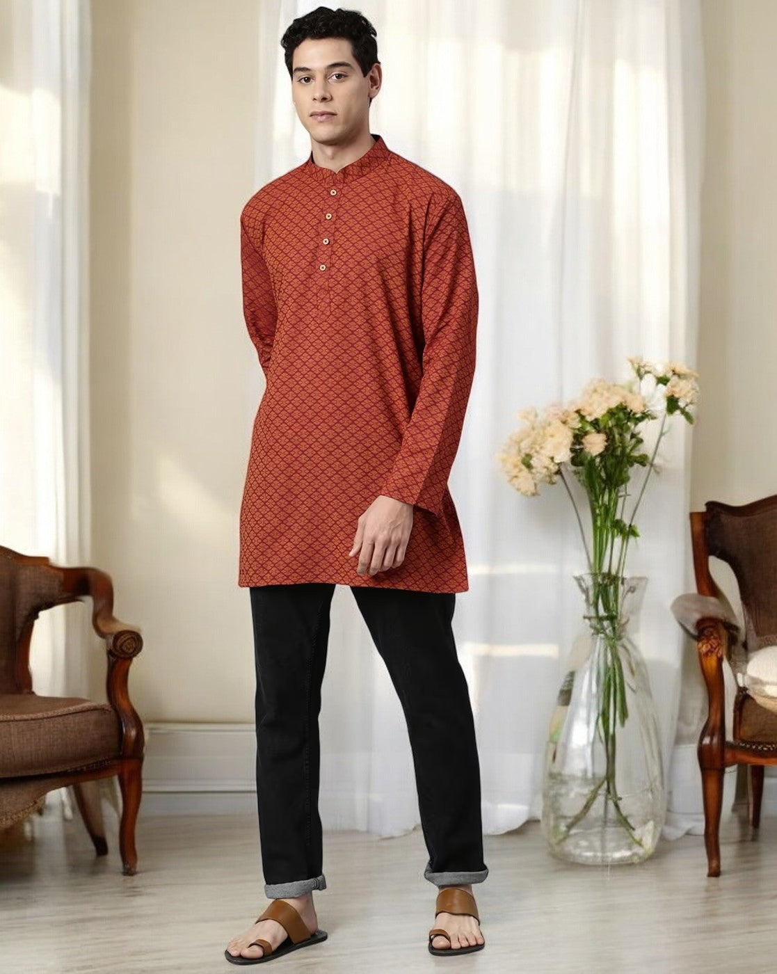 Tattva Men Maroon Geometric Print Cotton Blend Straight Kurta