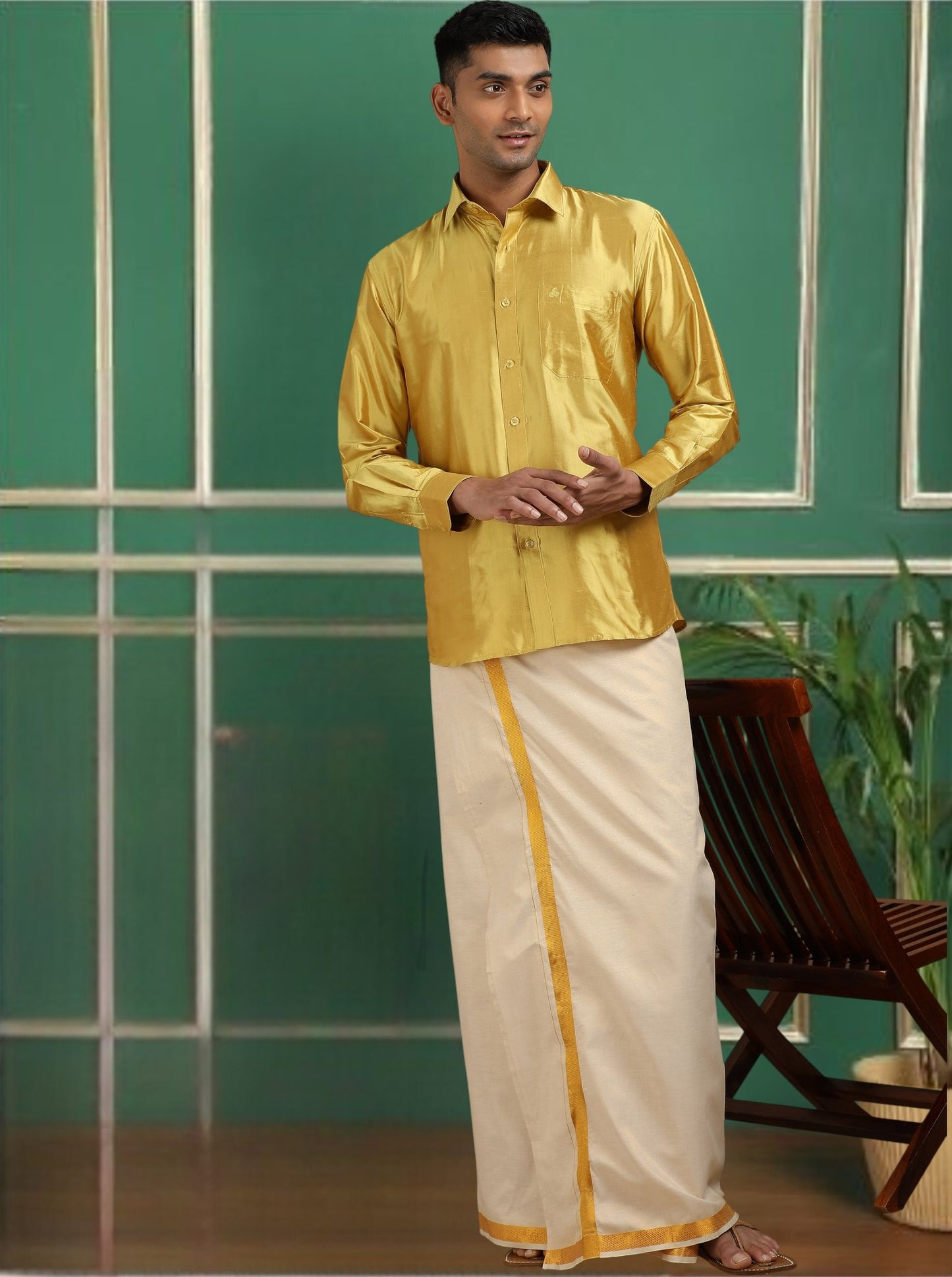 Tattva Men Green Gold Toned Pure Silk Shirt