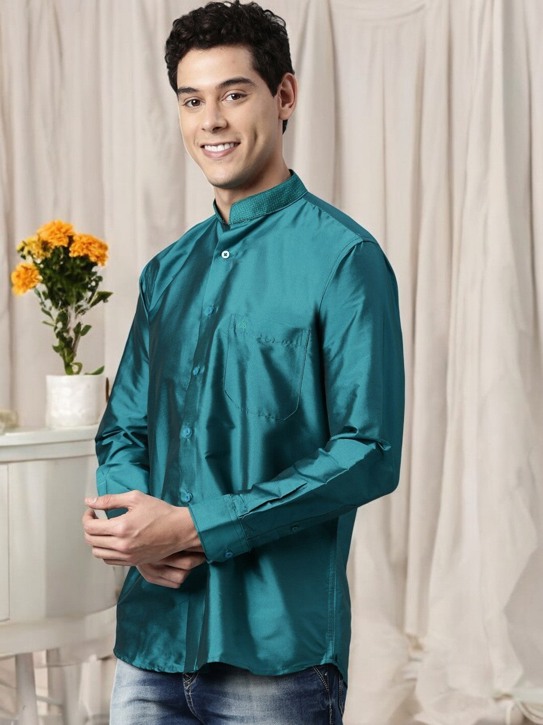 Sea Green Color Art Silk Slim Fit Solid Party Shirt