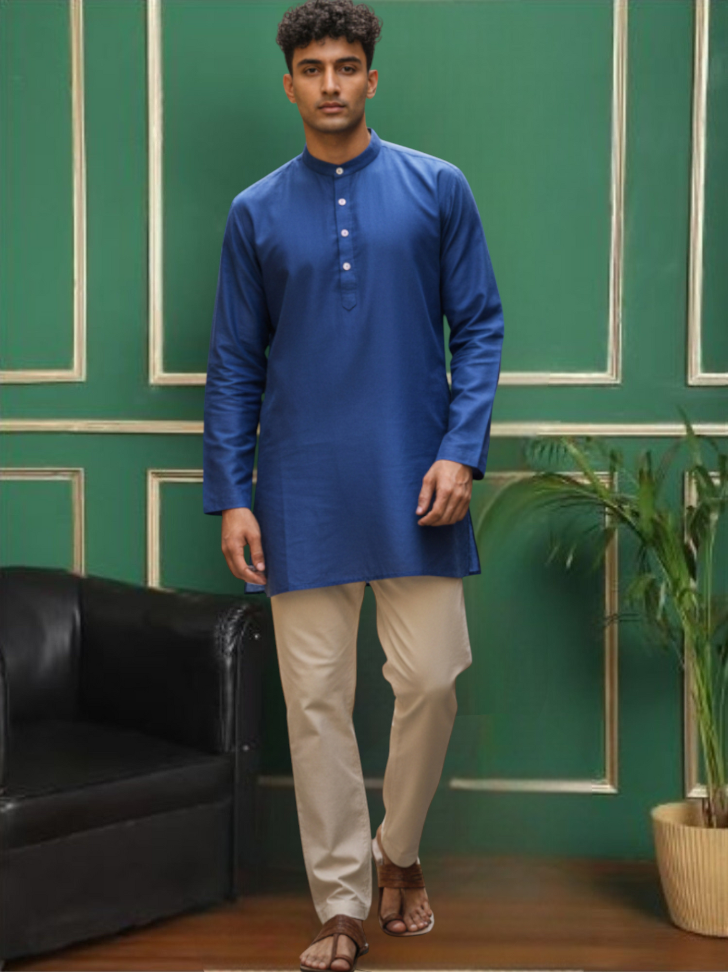 Blue Cotton Straight Short Kurta