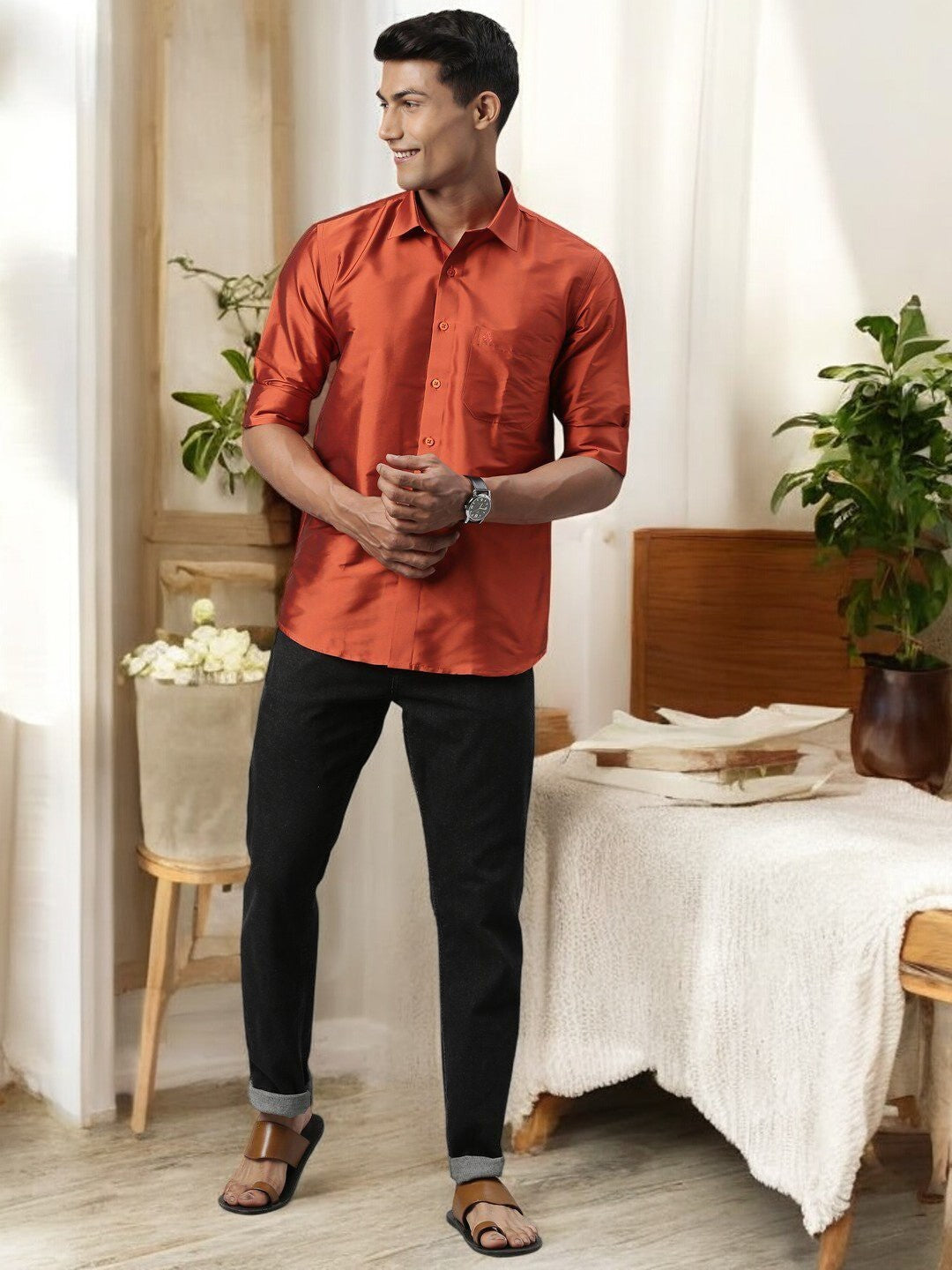 Tattva Rust Solid Slim Party Shirt