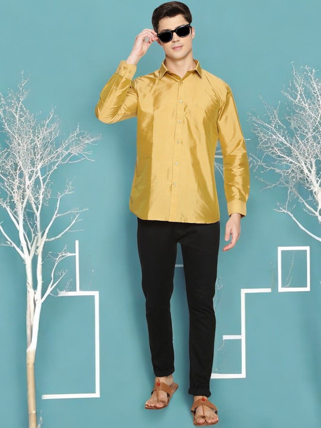 Gold-Toned Polyester Slim Fit Shirt