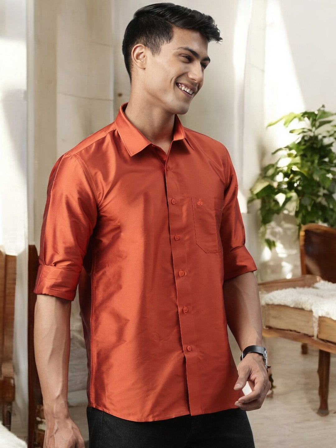 Tattva Rust Solid Slim Party Shirt