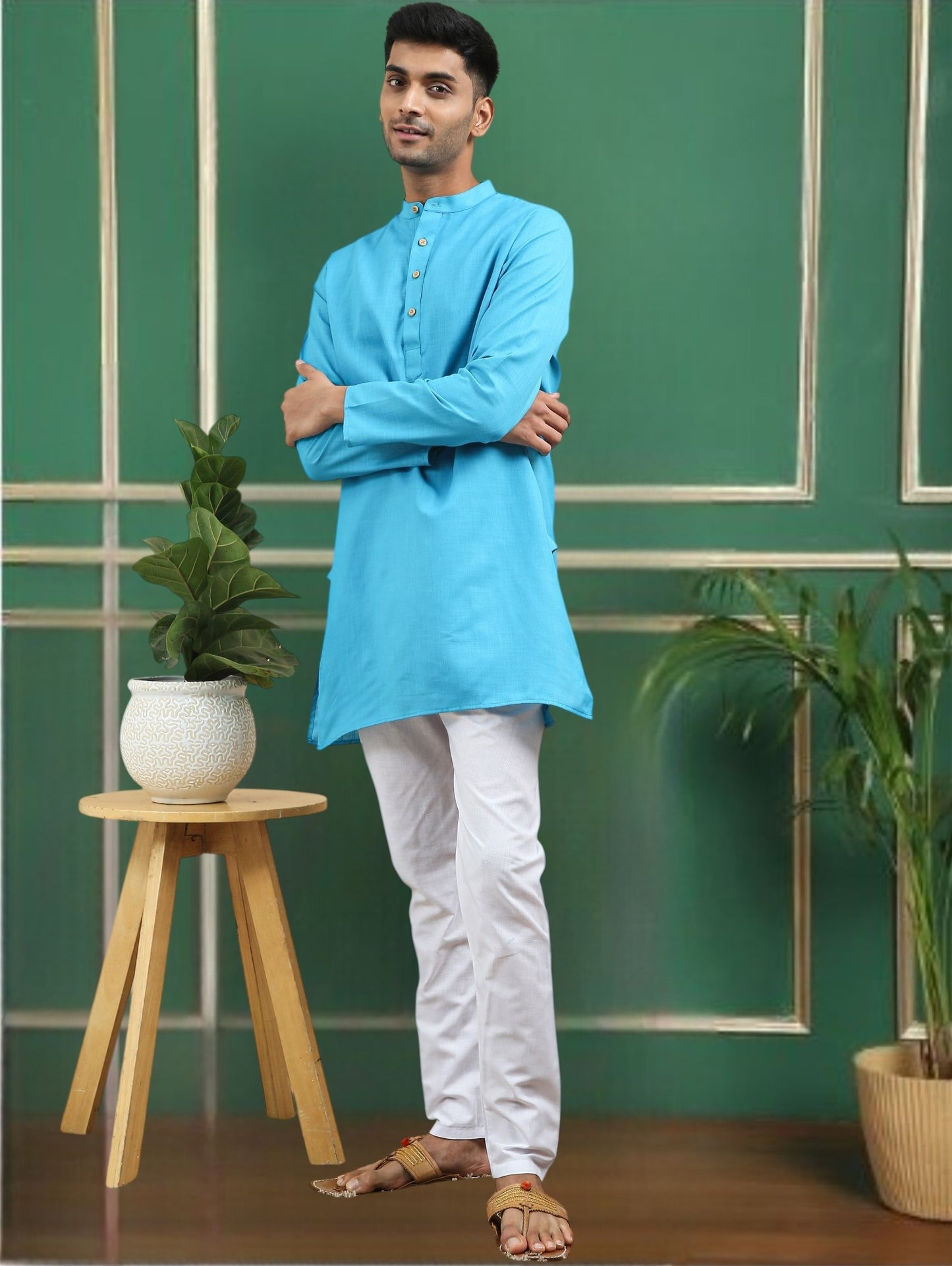 Tattva Turquoise Toned Solid Cotton Short Kurta