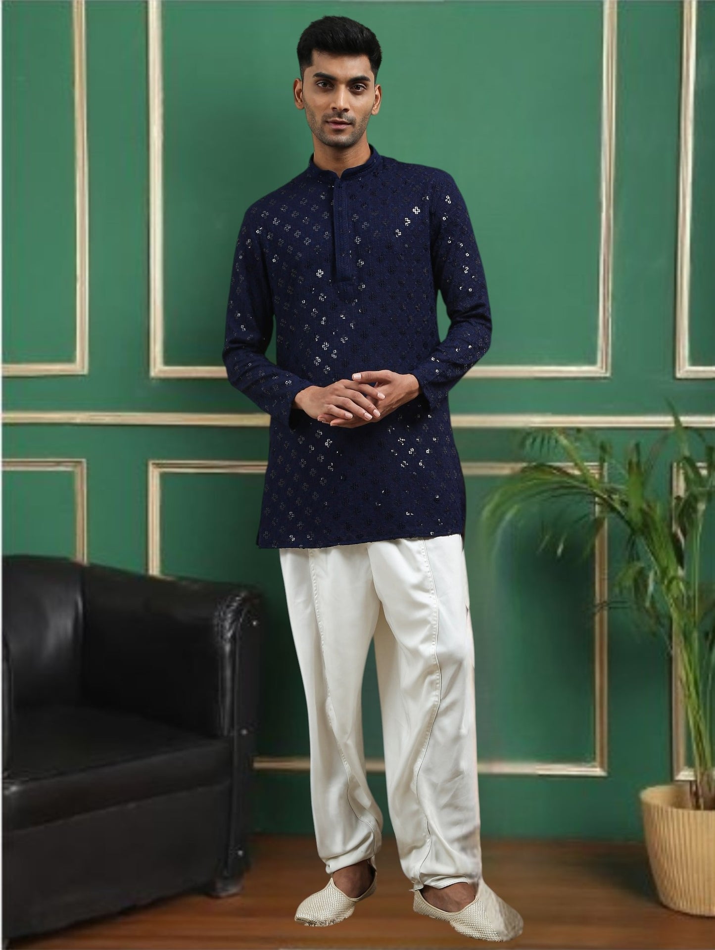 Tattva Navy Blue Toned chikankari Cotton Short Kurta