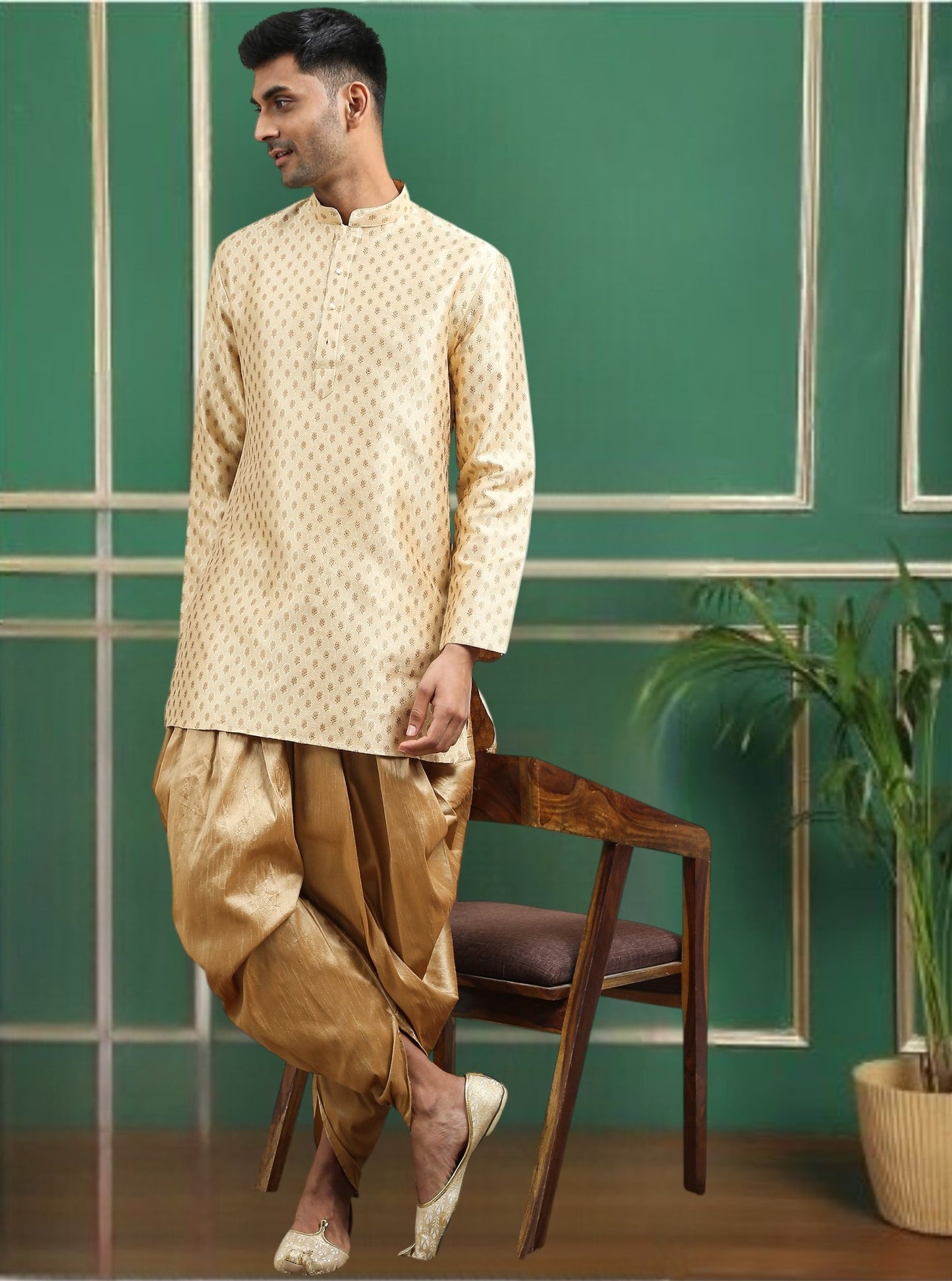 Tattva Gold Toned jaquard Polyster Short Kurta