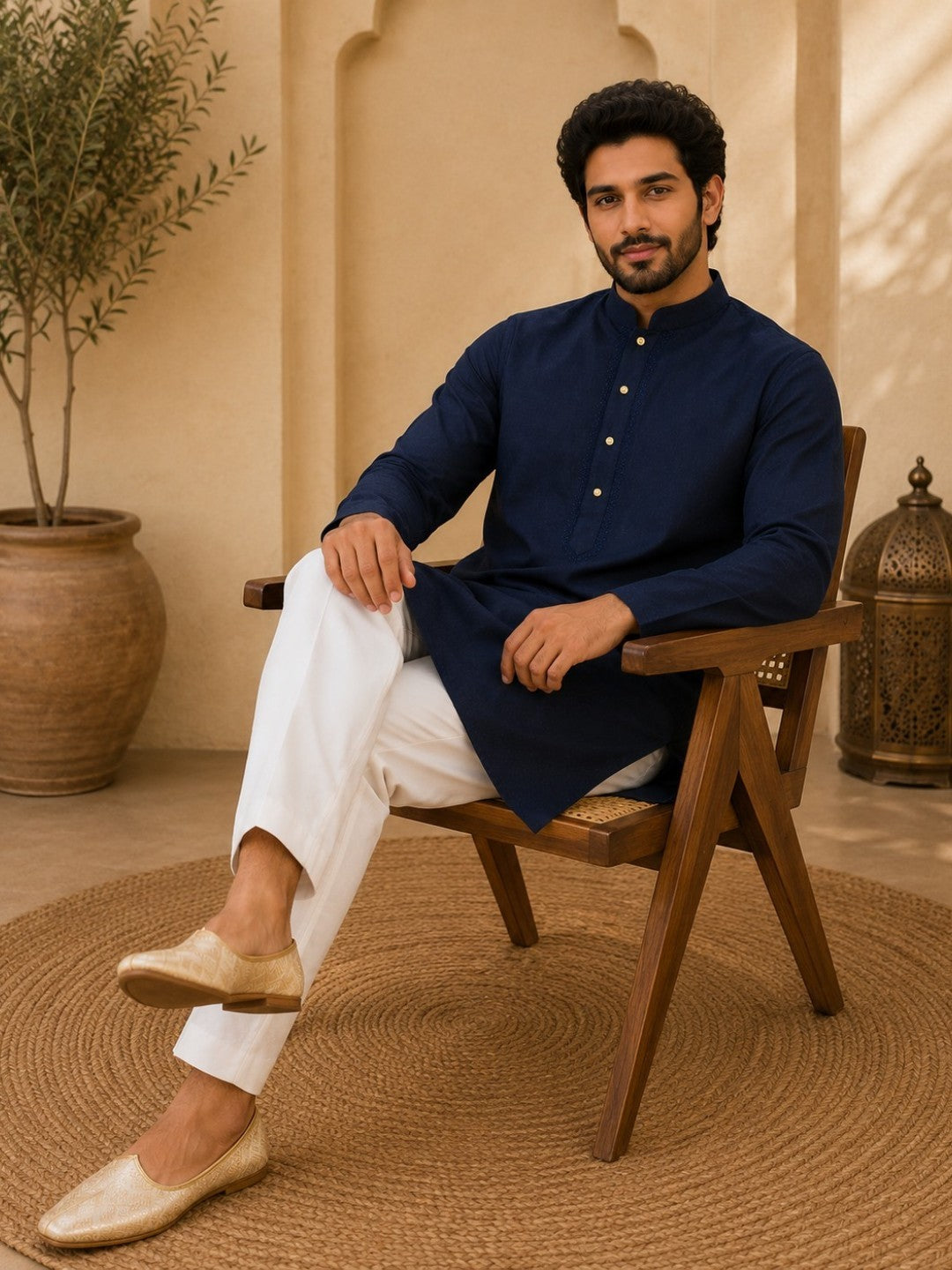 Tattva Navy Blue Toned Embroidered Cotton Short Kurta