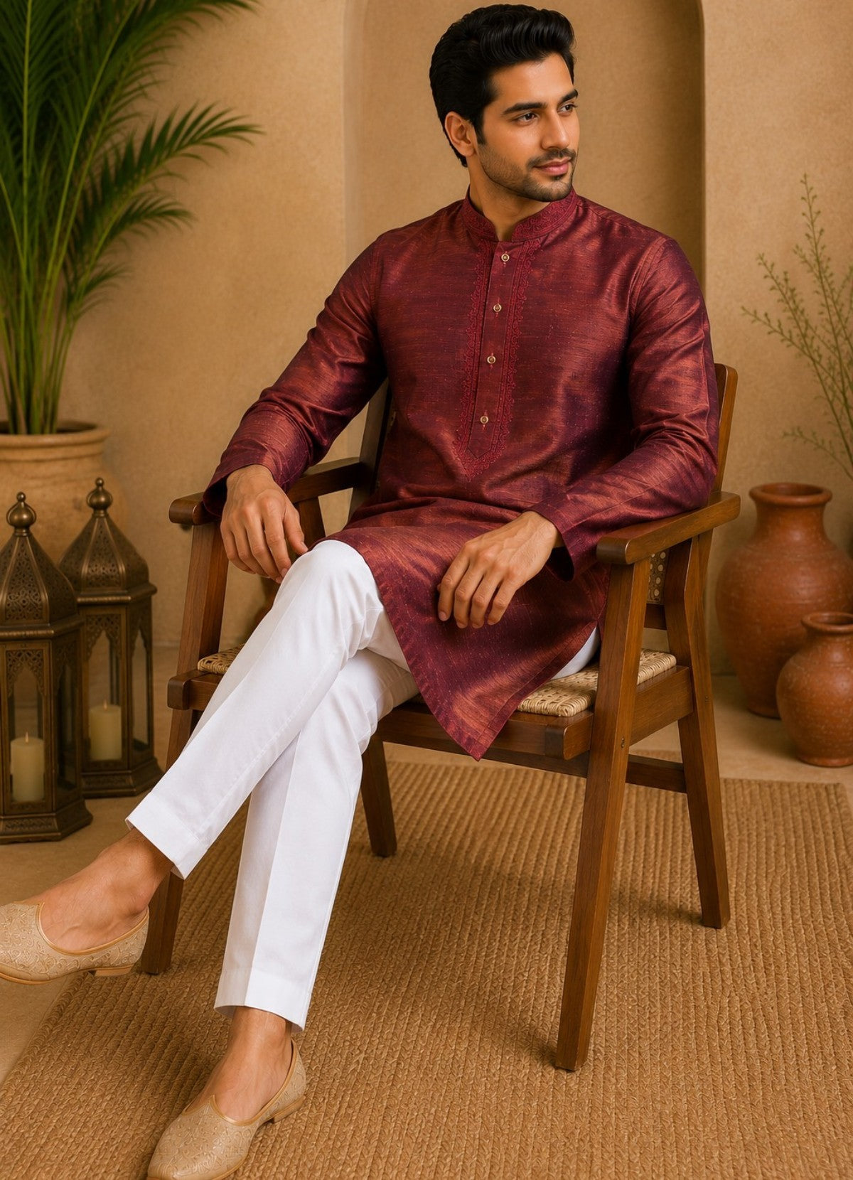 Tattva Rust Mandarin Collar Thread Work Pure Silk Straight Short Kurta