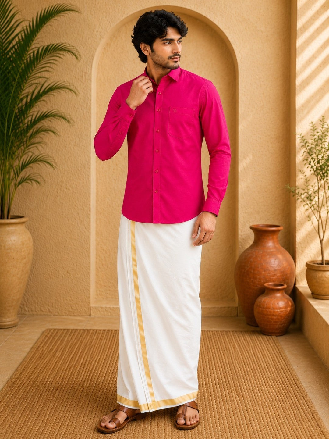 Pink Polyester Slim Fit Solid Party Shirt