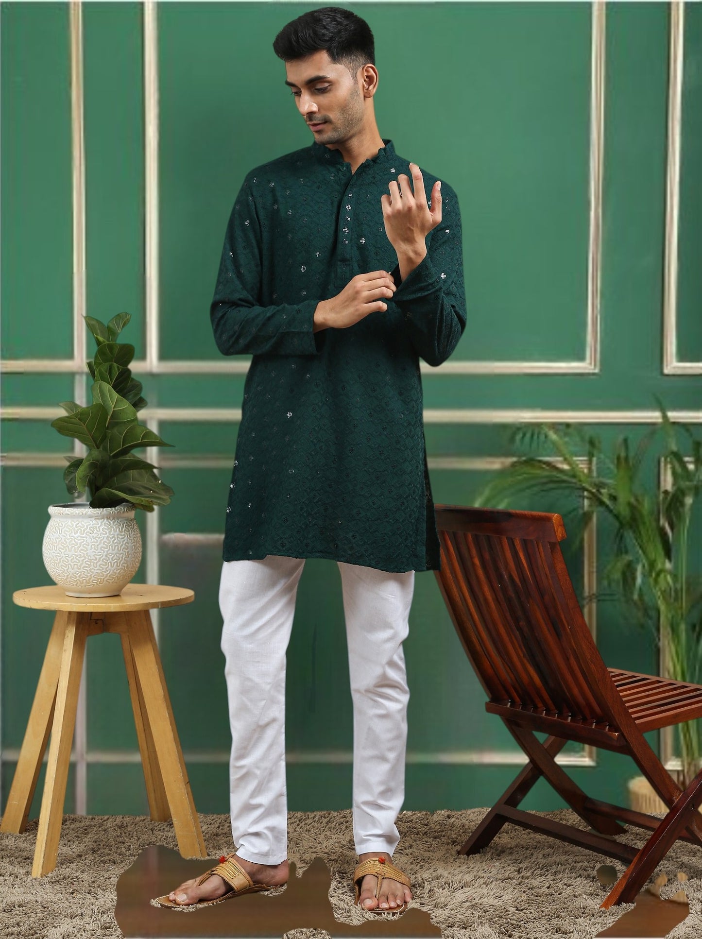 Tattva Dark Green Toned chikankari Cotton Short Kurta