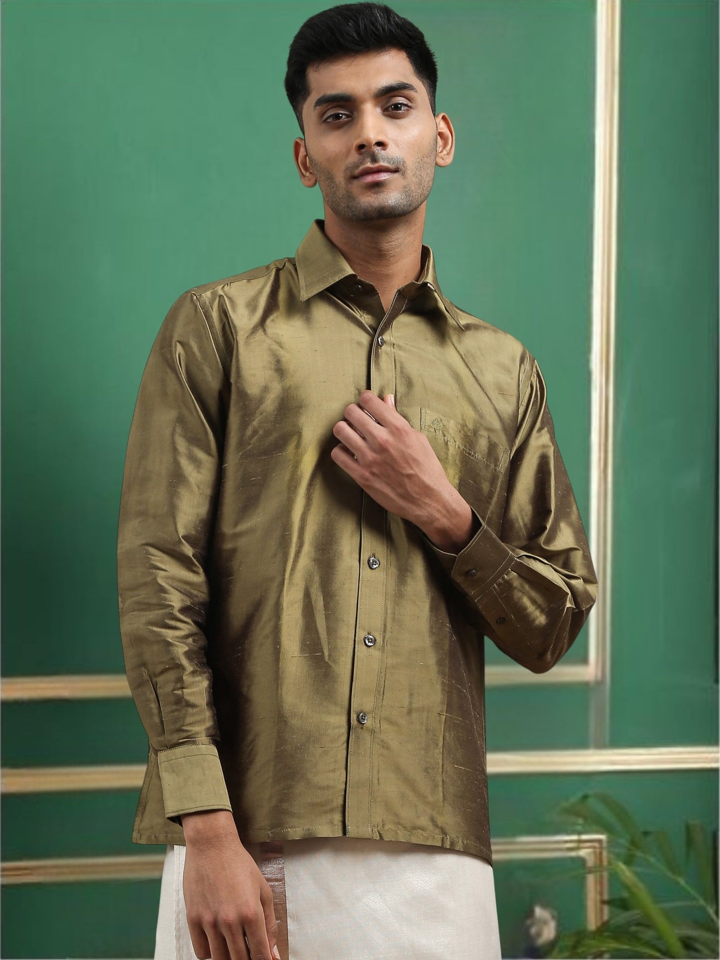 Tattva Men Olive Toned Pure Silk Shirt