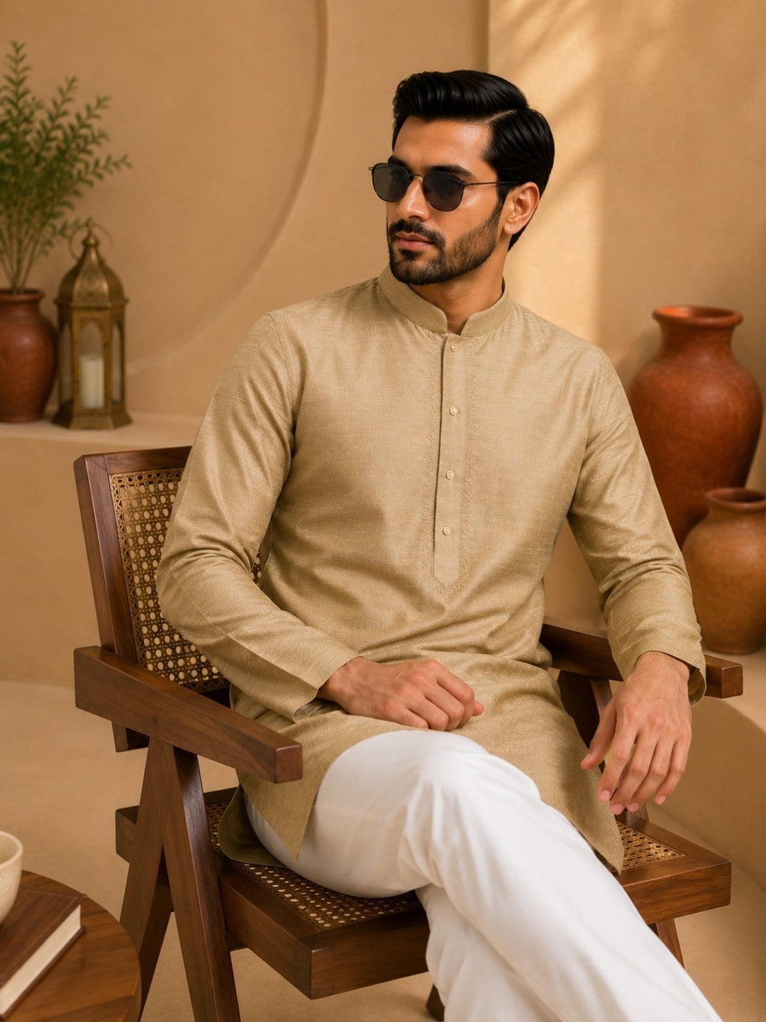 Tattva Men Khaki Colored Embroidered Short Kurta