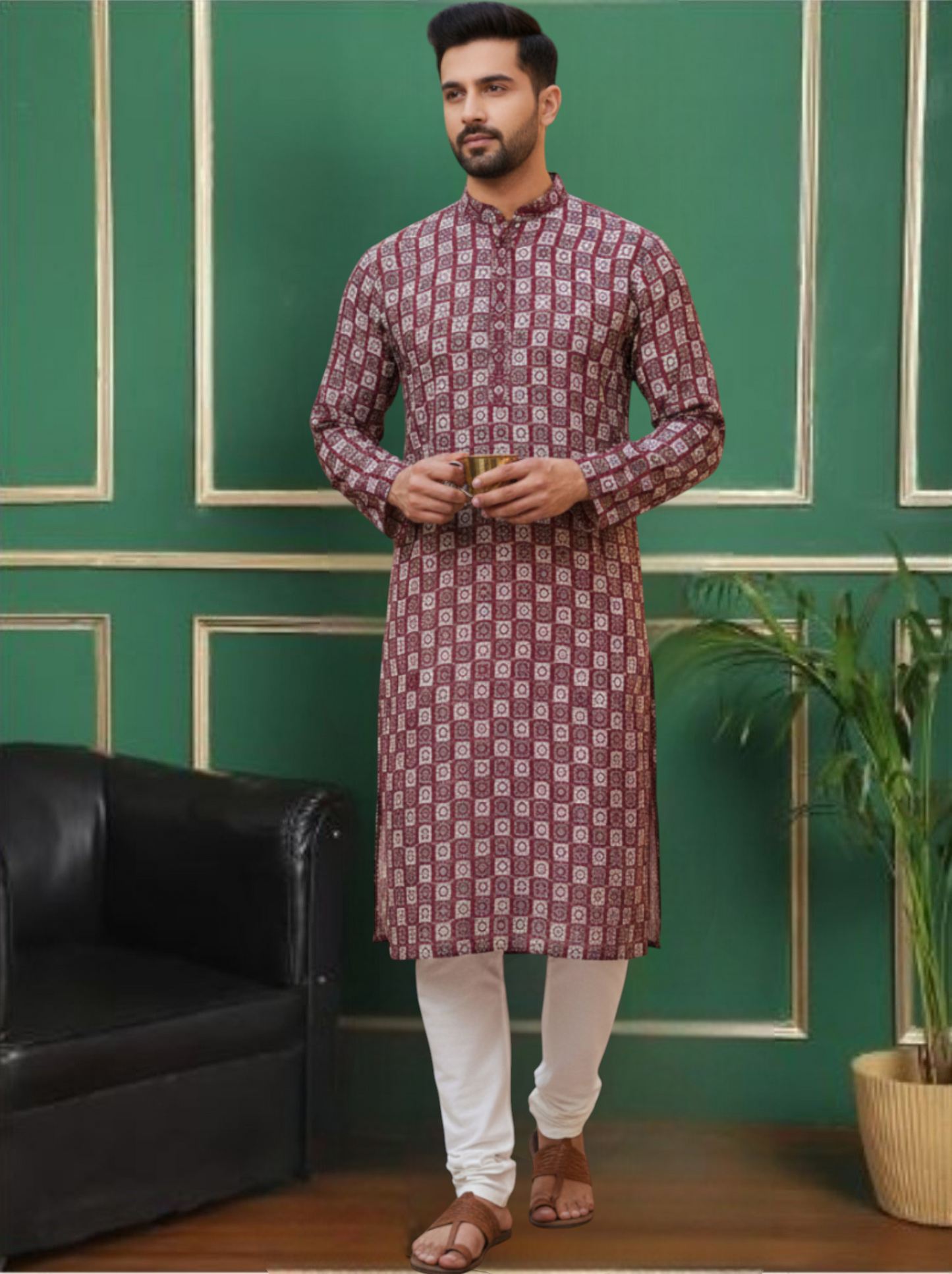 Tattva Men Woven Design Polyester Straight Kurta Set