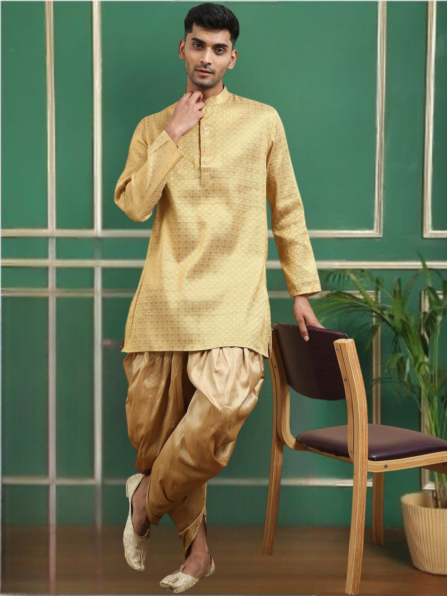 Tattva Gold Toned brocade Polyster Short Kurta