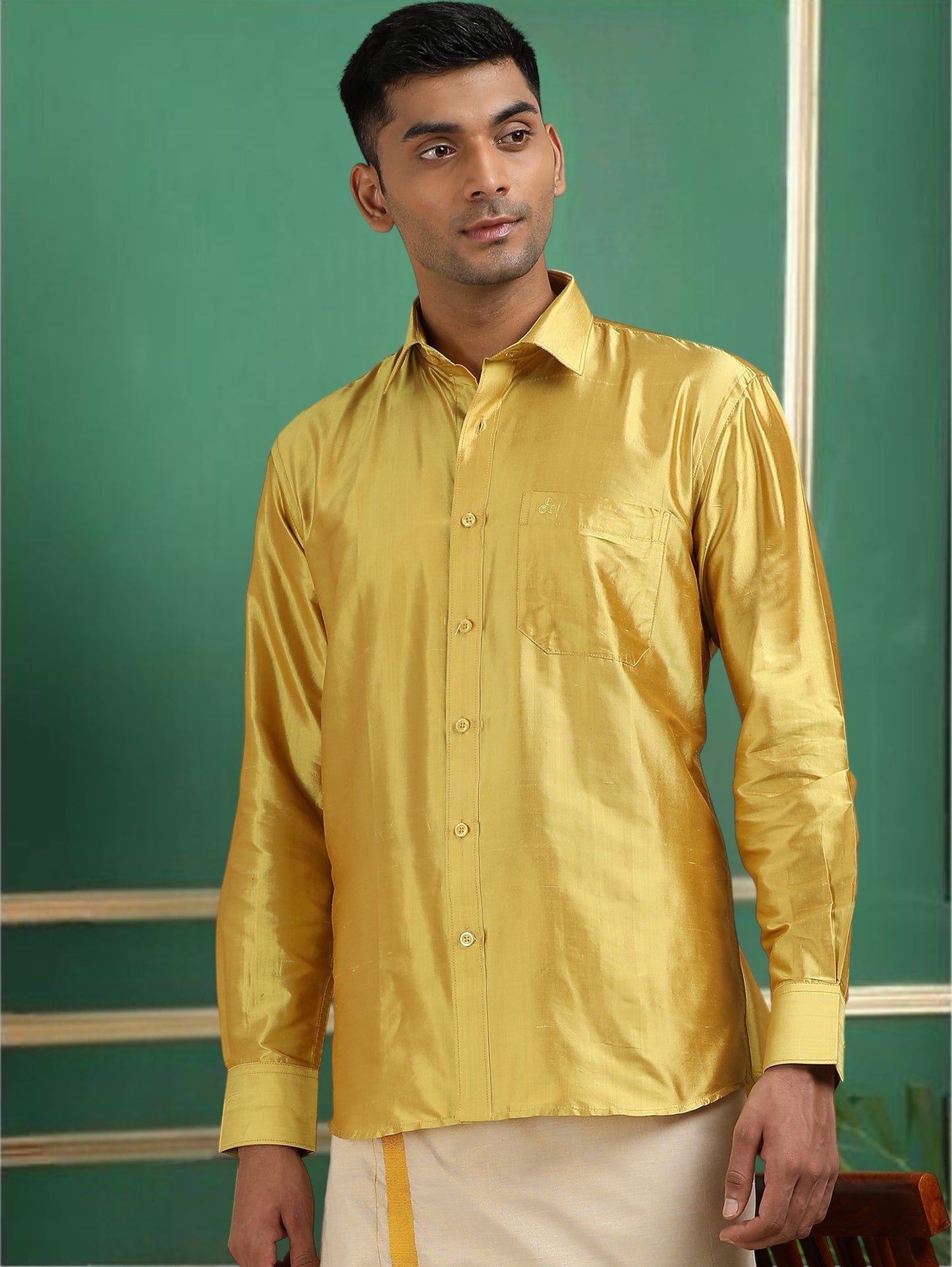 Tattva Men Green Gold Toned Pure Silk Shirt