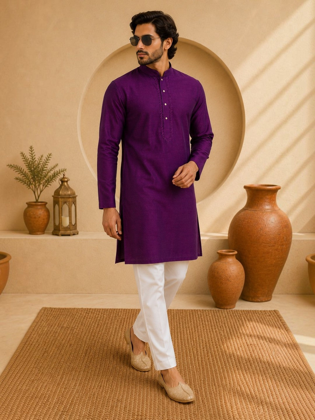 Tattva Men Embroidered Solid Short Kurta