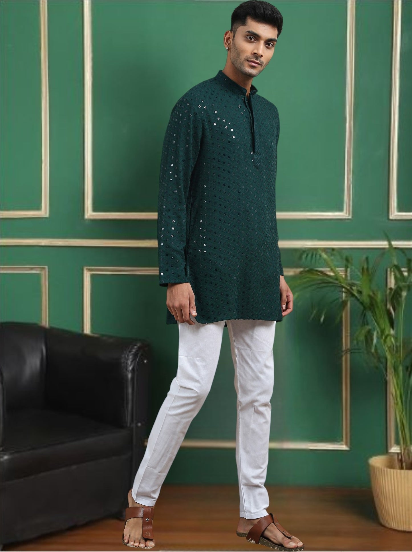 Tattva Dark Green Toned chikankari Cotton Short Kurta
