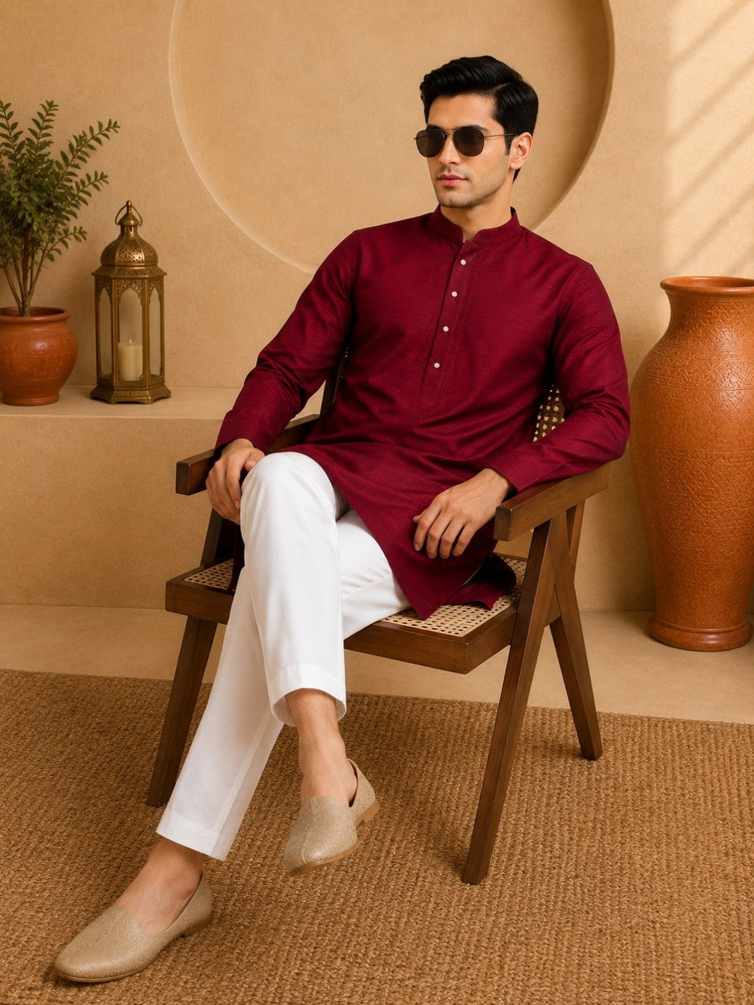 Tattva Men Embroidered Solid Short Kurta
