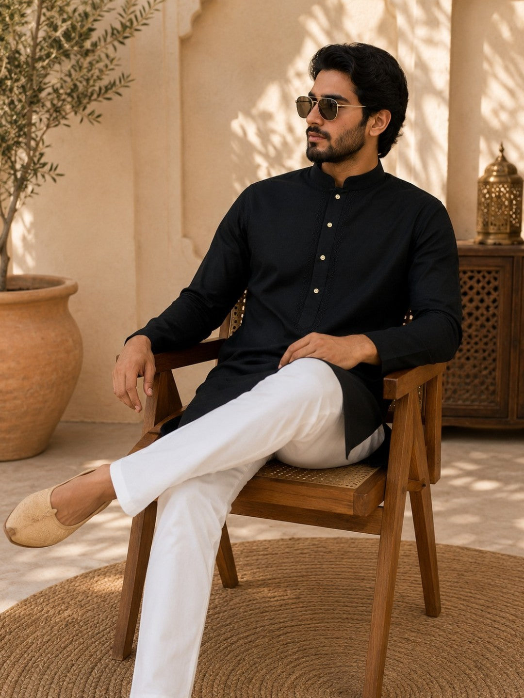 Tattva Black Toned Embroidered Cotton Short Kurta