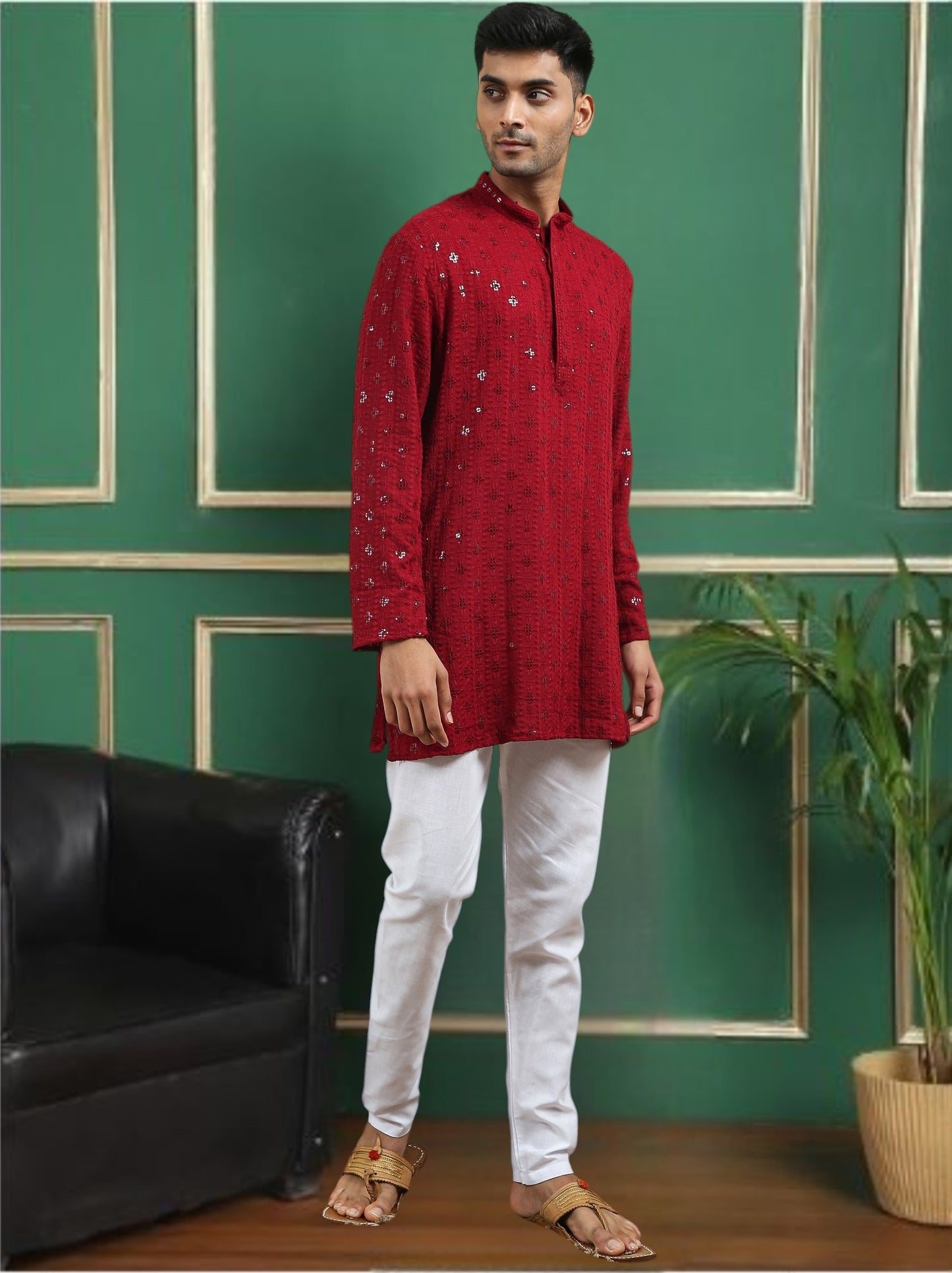 Tattva Maroon Toned chikankari Cotton Short Kurta