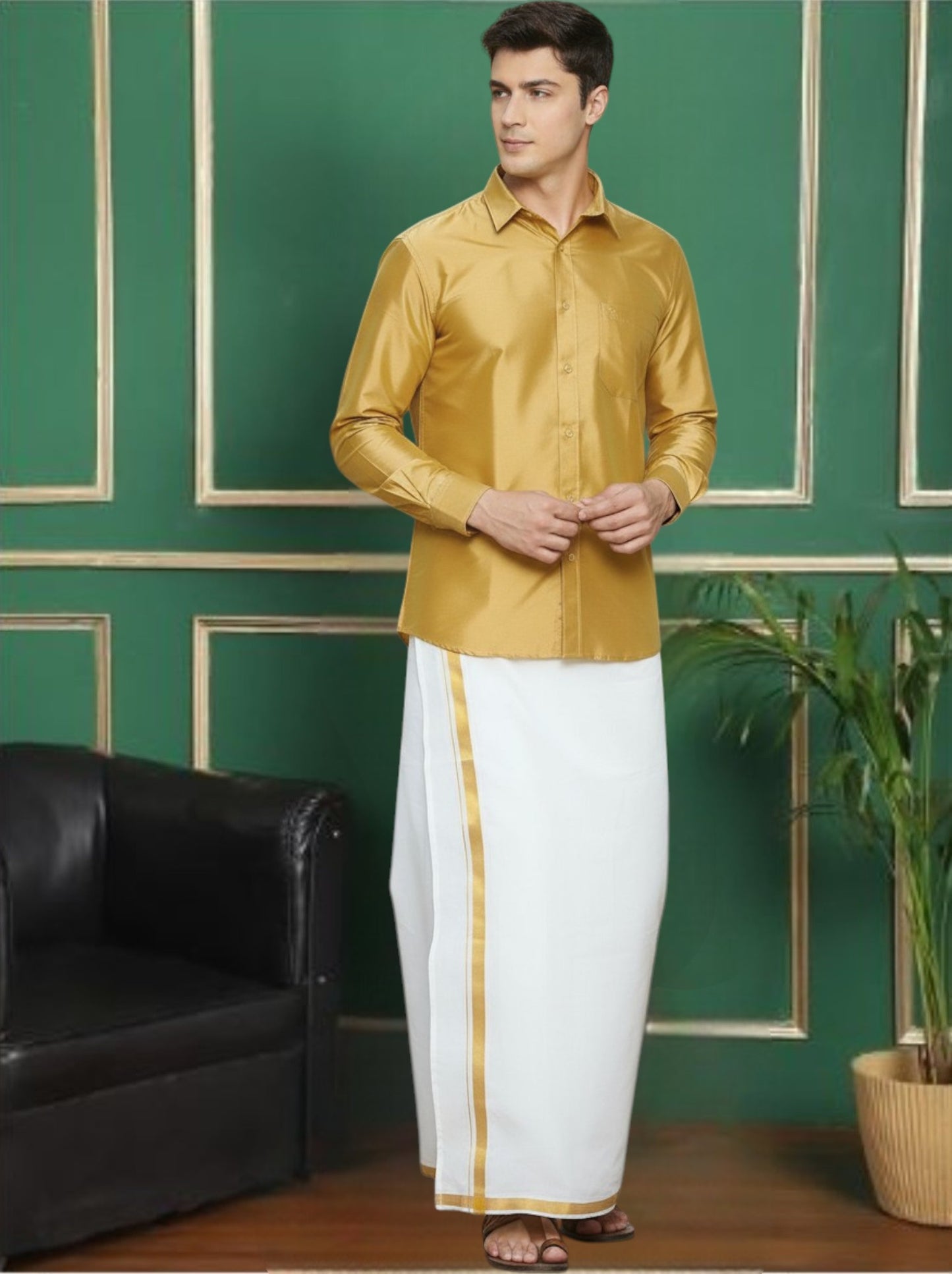 Tattva Men Gold-Toned Slim Fit Solid Casual Shirt