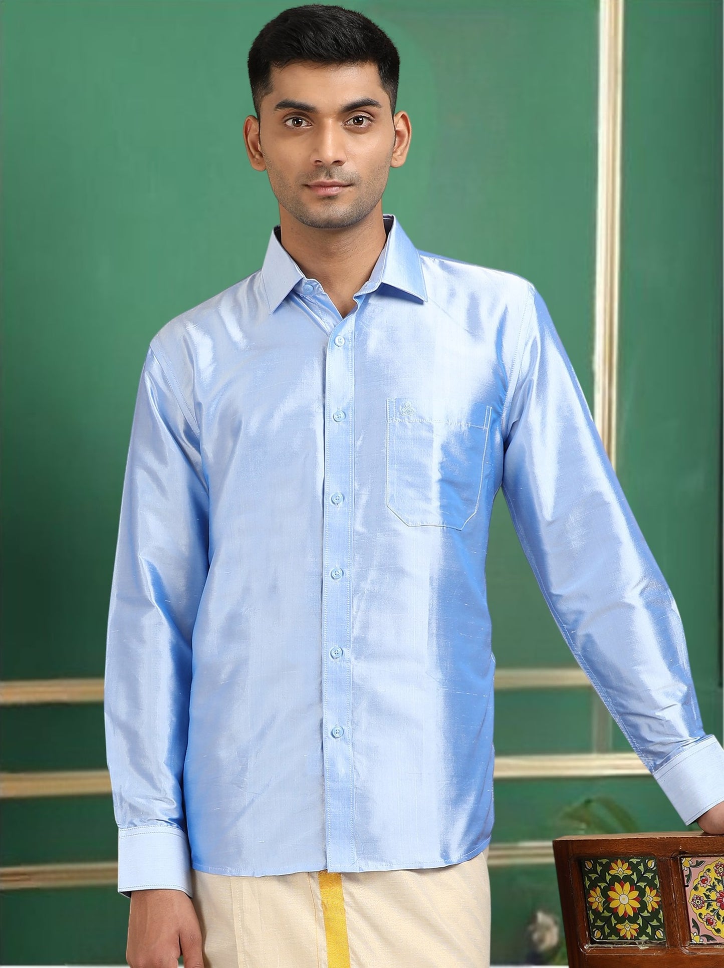 Tattva Men Sky Blue Toned Pure Silk Shirt