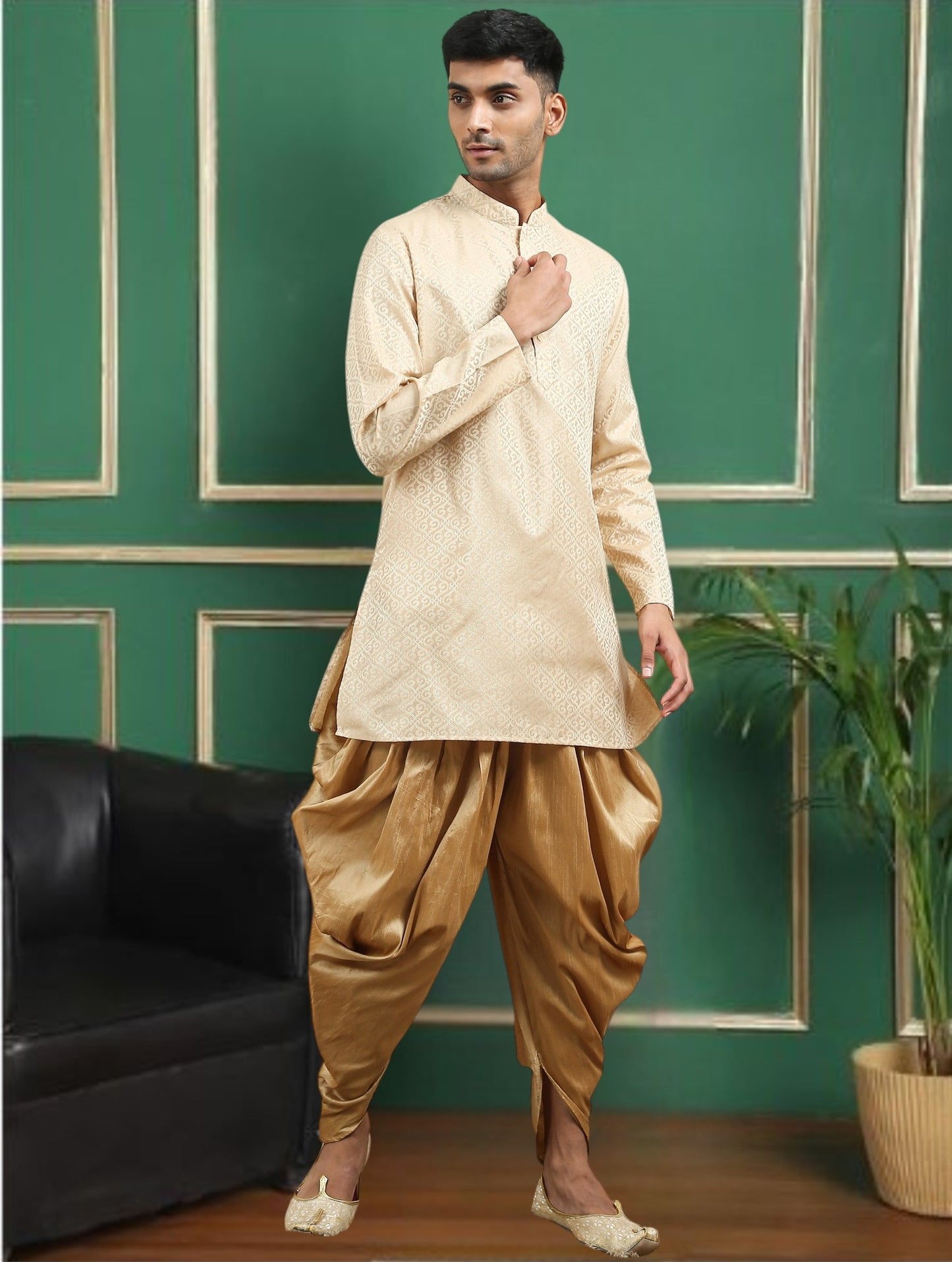 Tattva Gold Toned jaquard Polyster Short Kurta