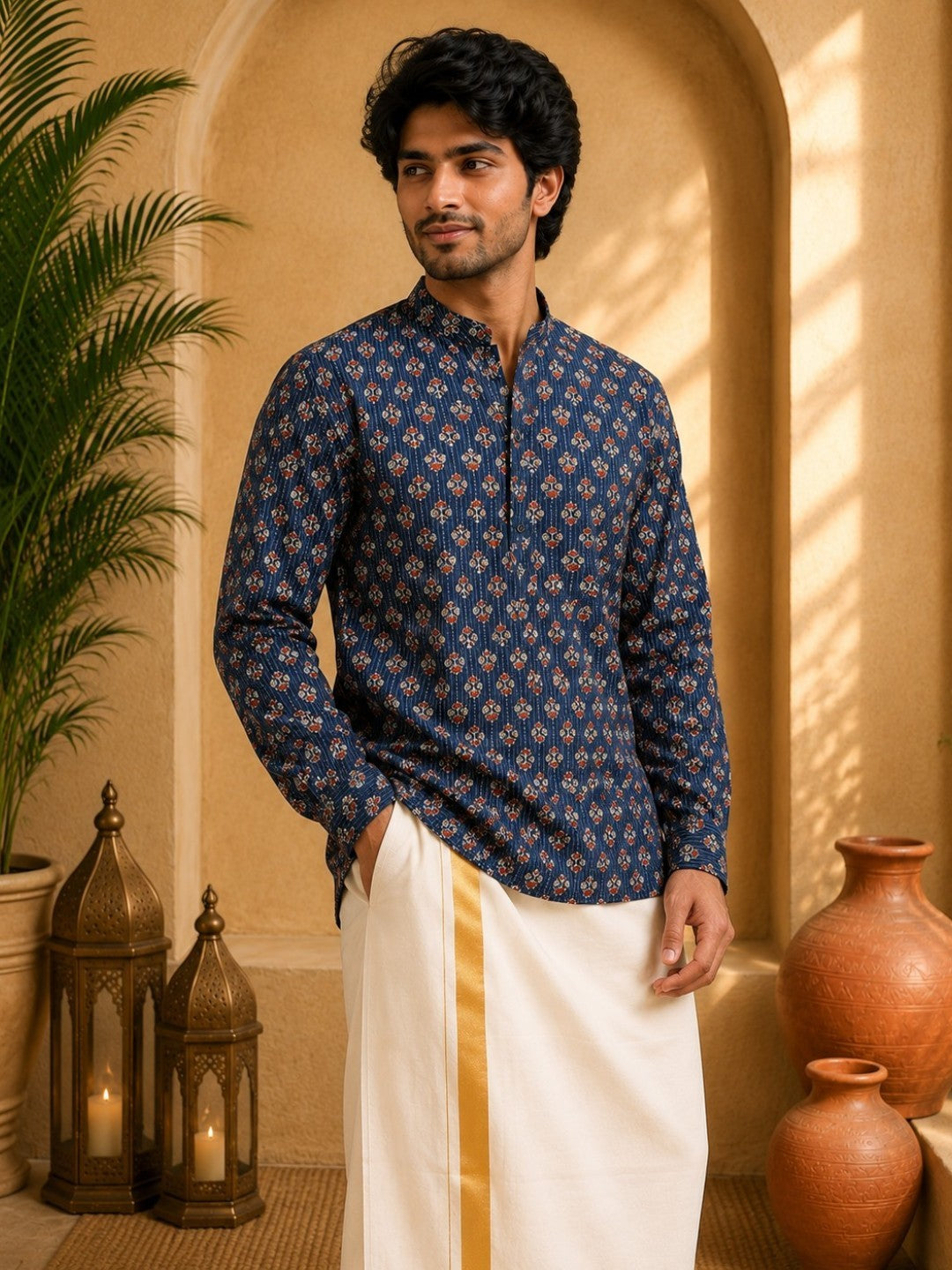 Tattva Men Floral Printed Woven Thread Super Short Kurta