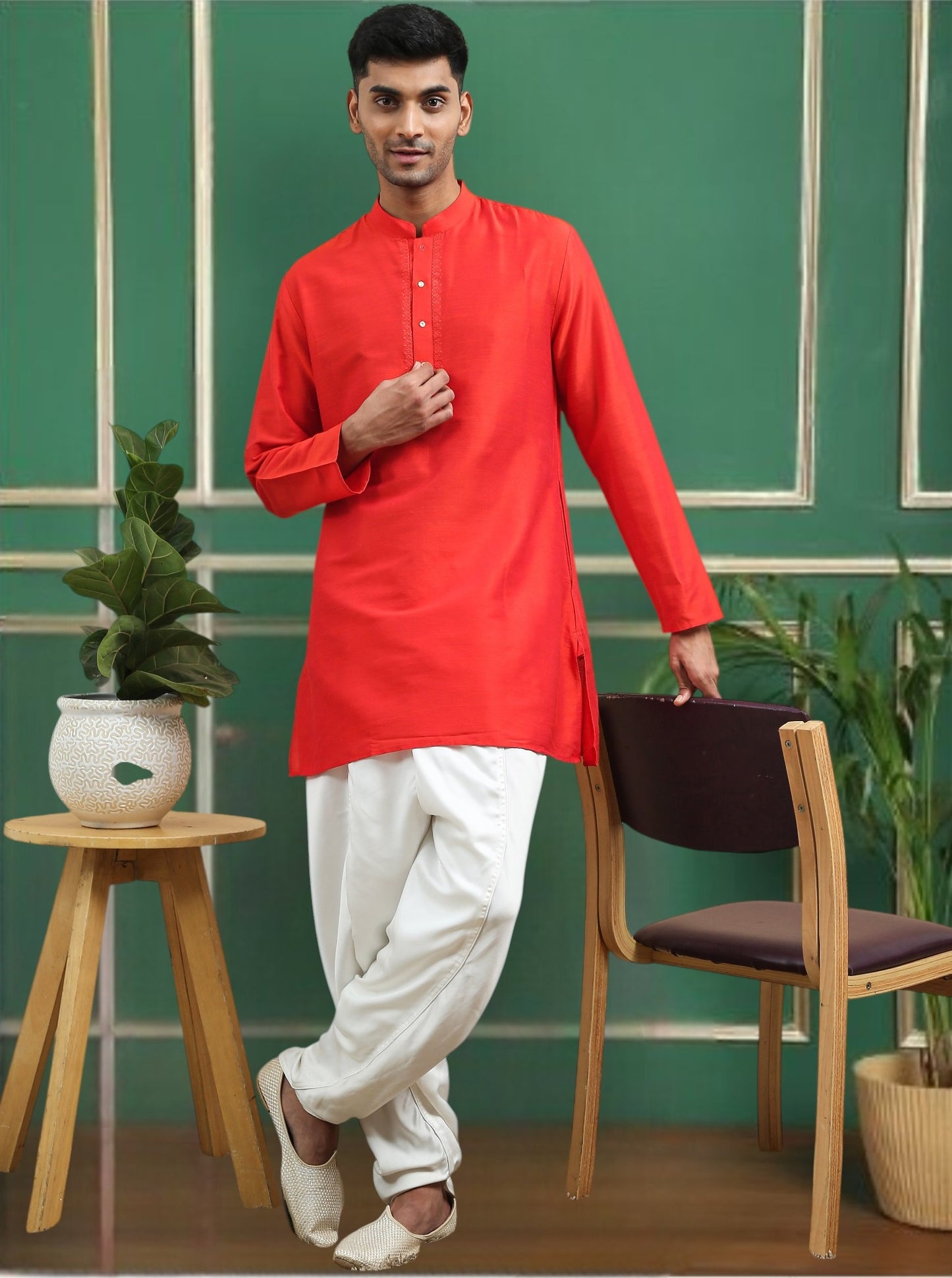 Tattva Red Toned Embroidered Cotton Short Kurta