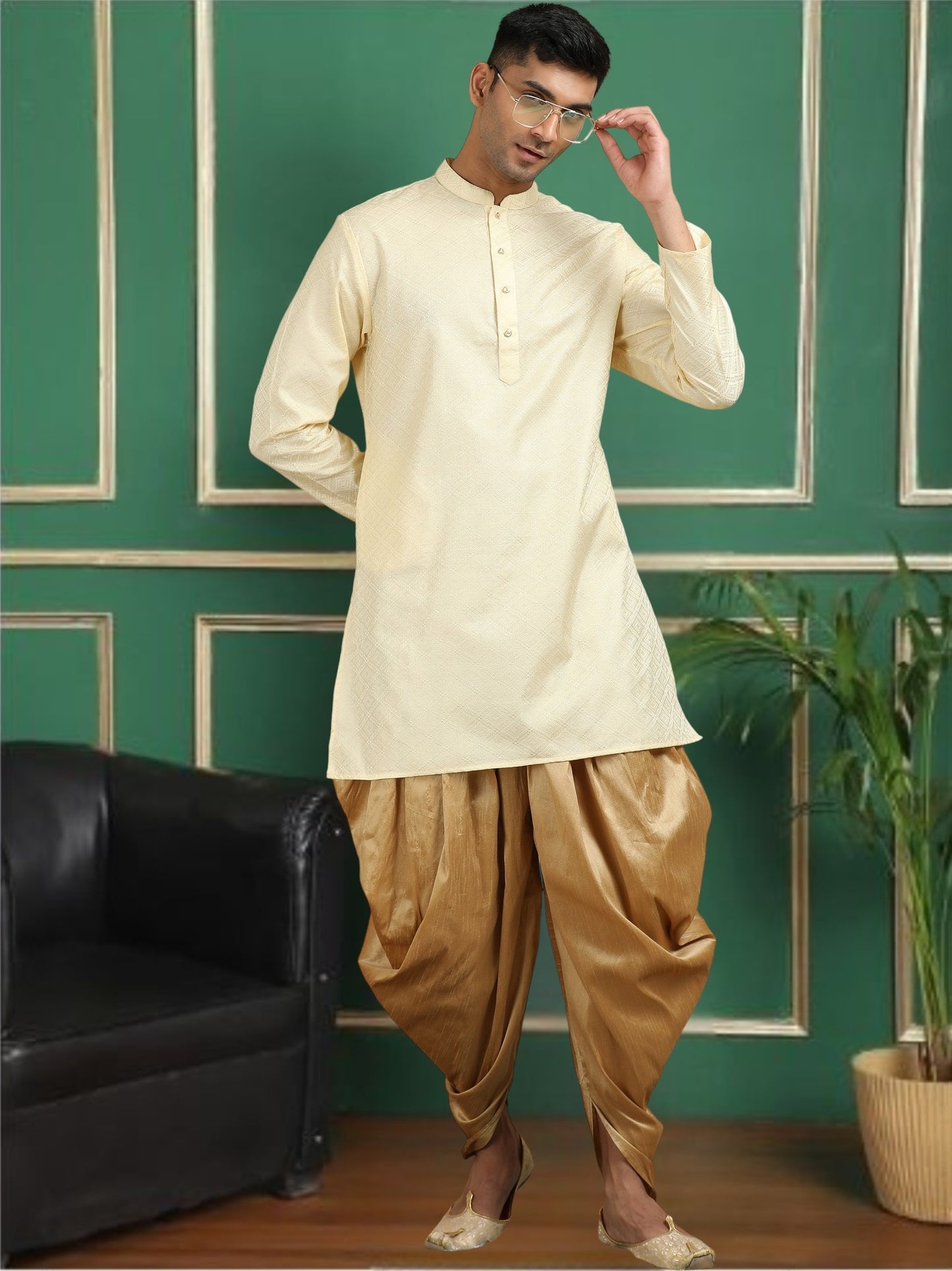 Tattva Beige Toned Jacquard Short Kurta