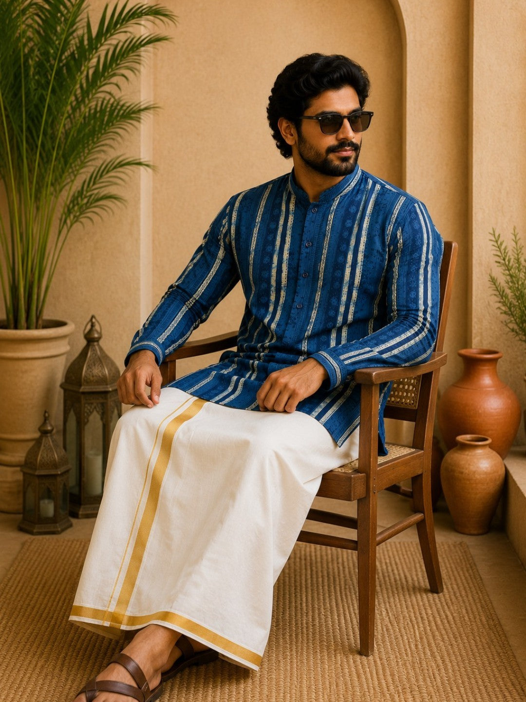 Tattva Men Blue Stripes Printed Super Short Kurta