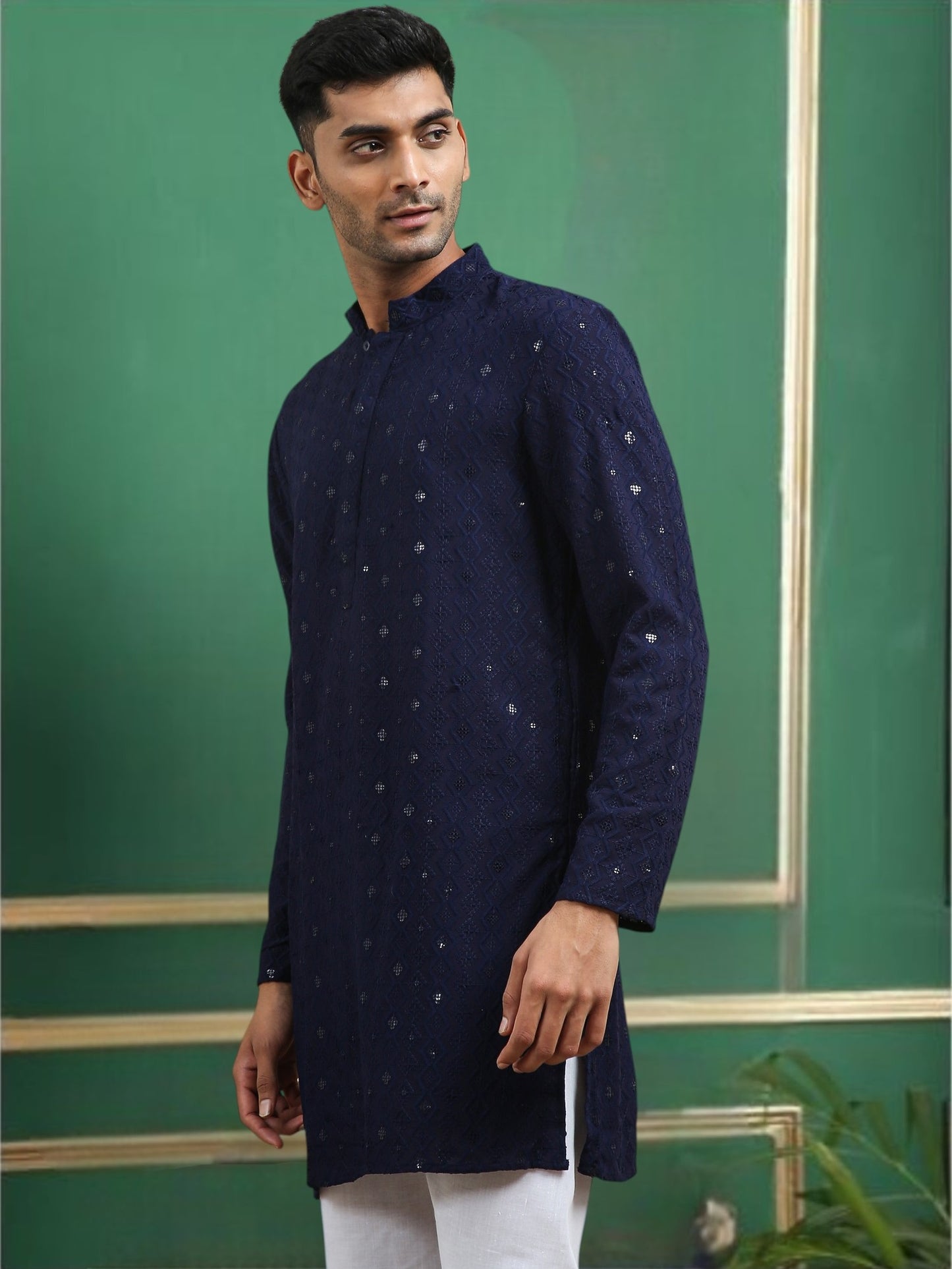 Tattva Navy Blue Toned chikankari Cotton Short Kurta