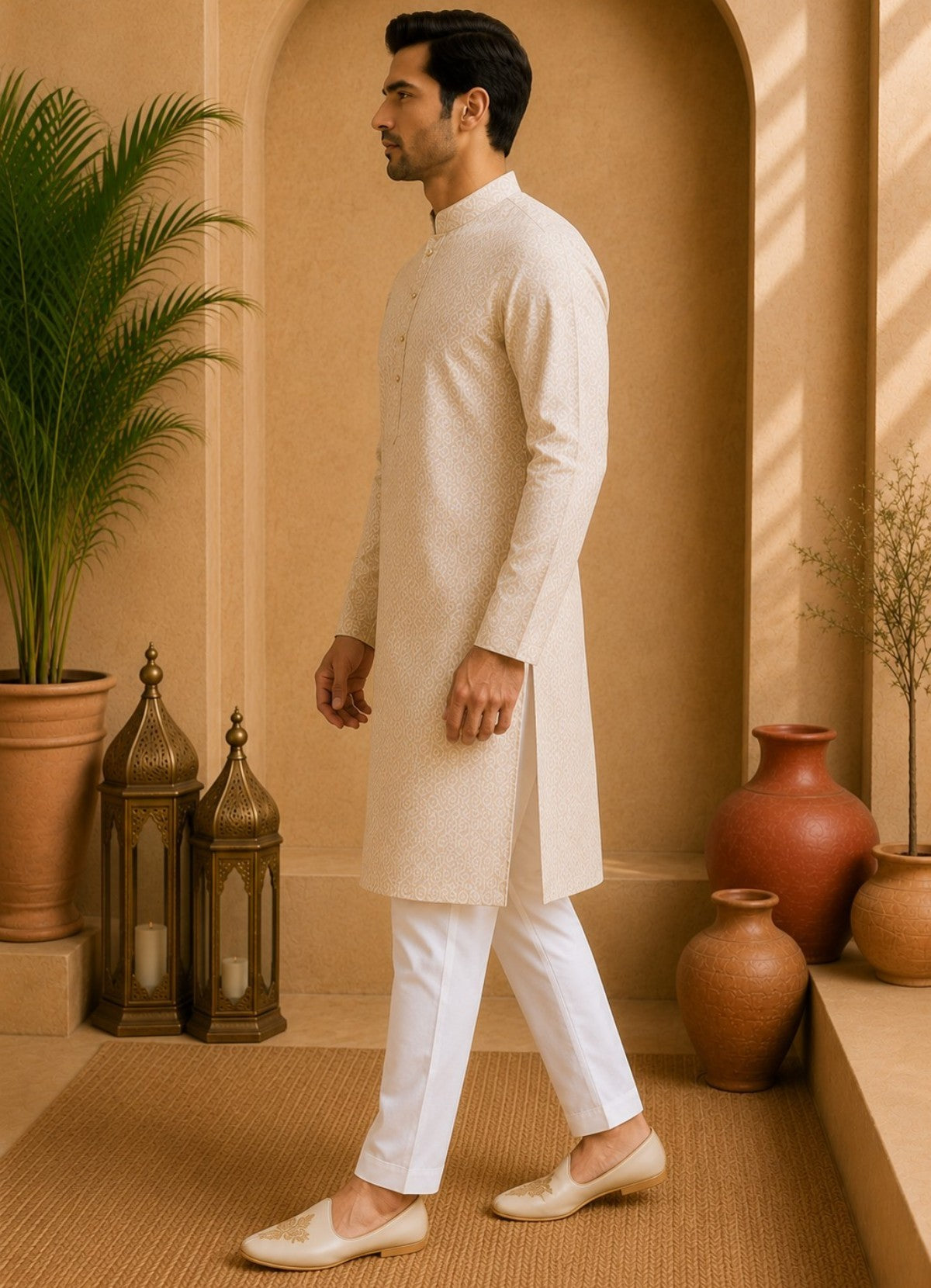 Tattva Men Beige Floral Woven Design Kurta Pyjama
