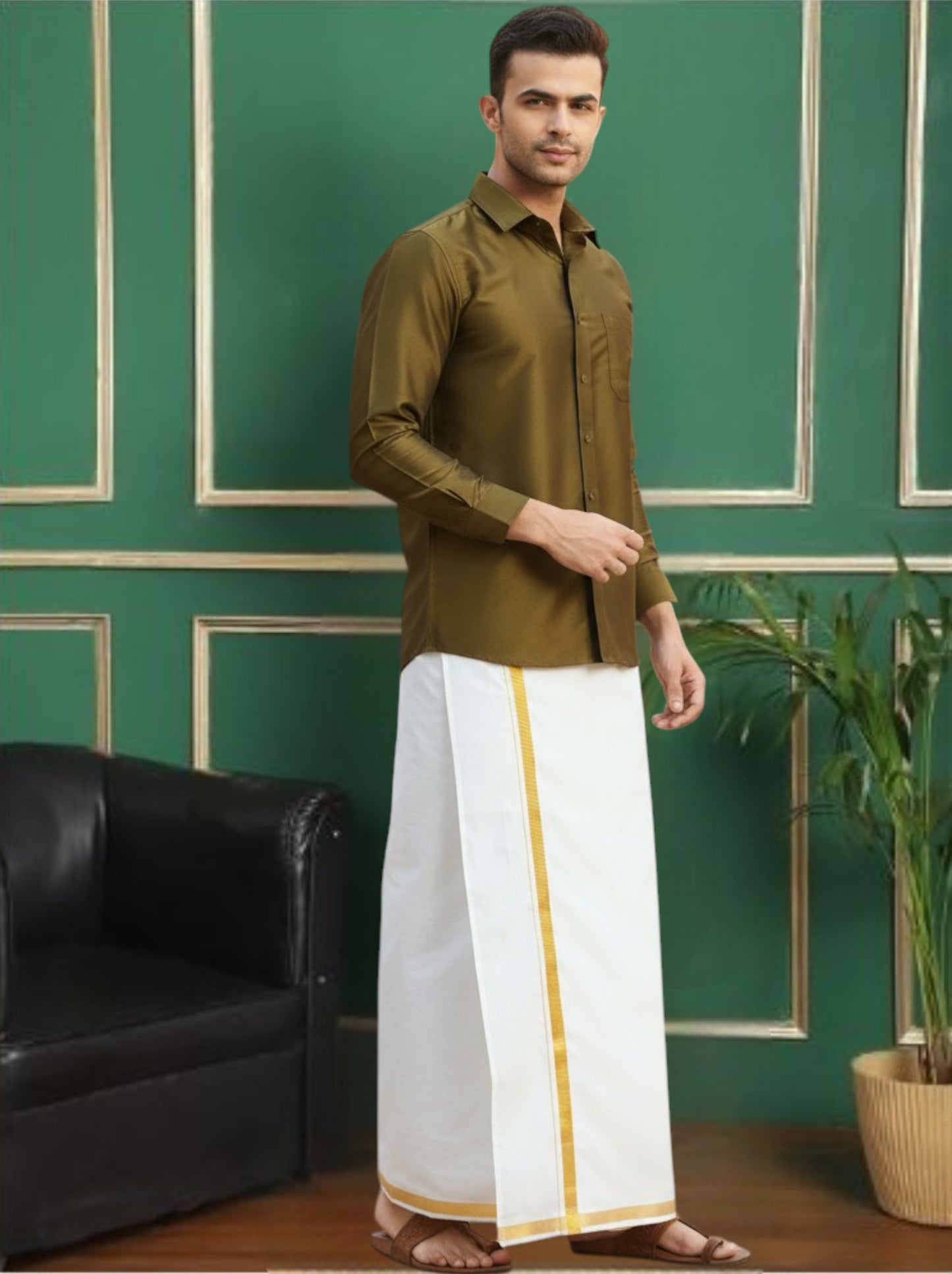 Olive Polyester Slim Fit Solid Shirt