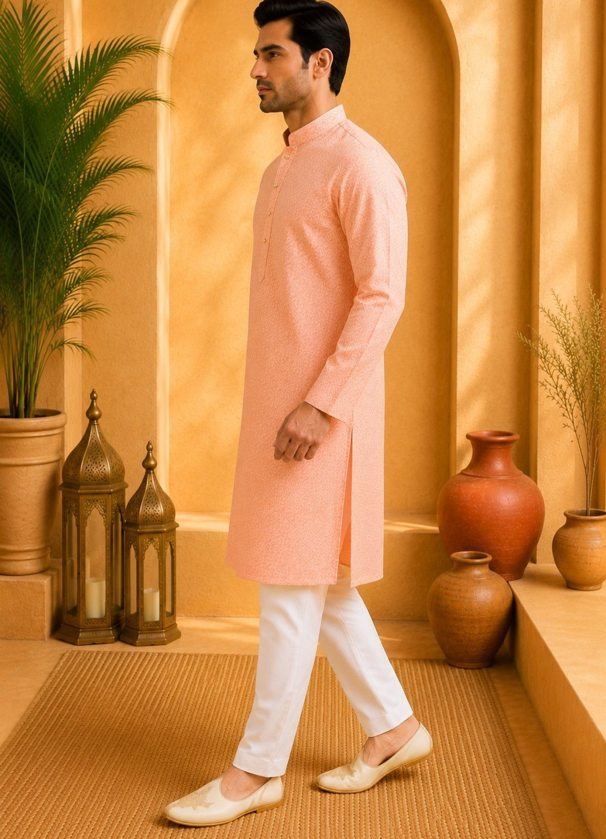 Tattva Men Peach Floral Woven Design Kurta Pyjama