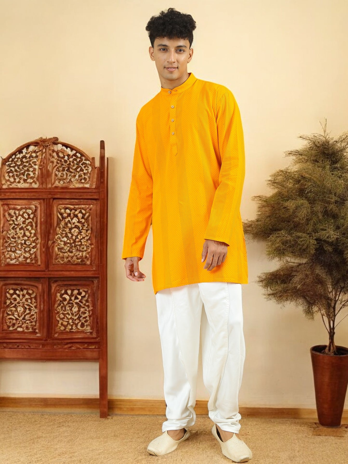 Tattva Yellow Geometric Printed Short Kurta