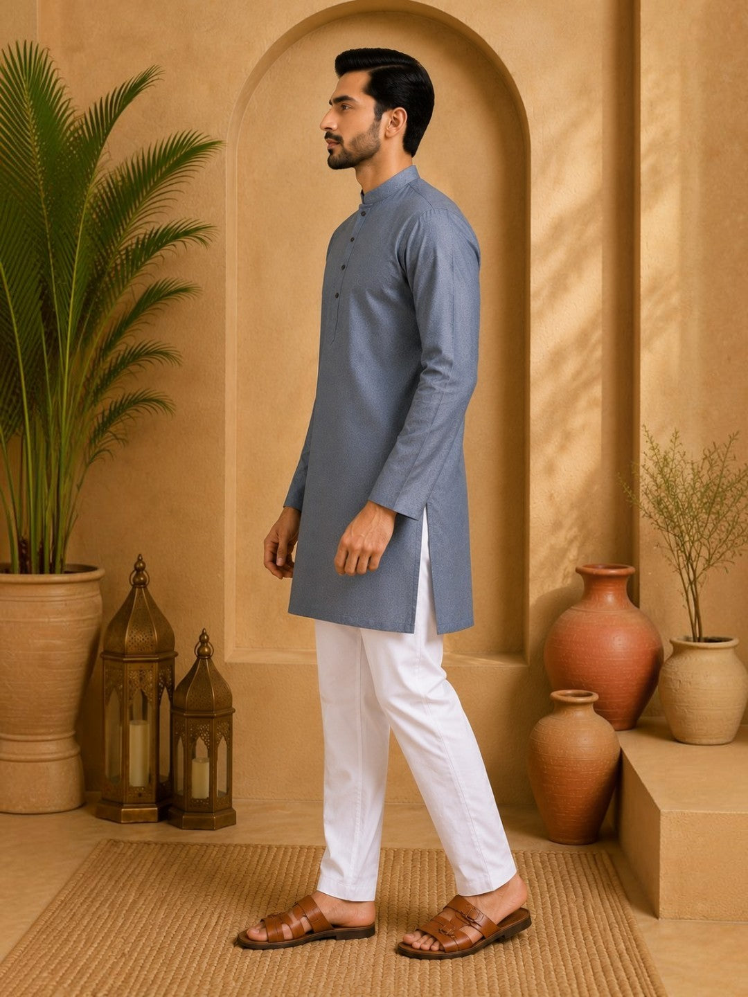 Tattva Men Silver-Toned Applique Mandarin Collar Kurta
