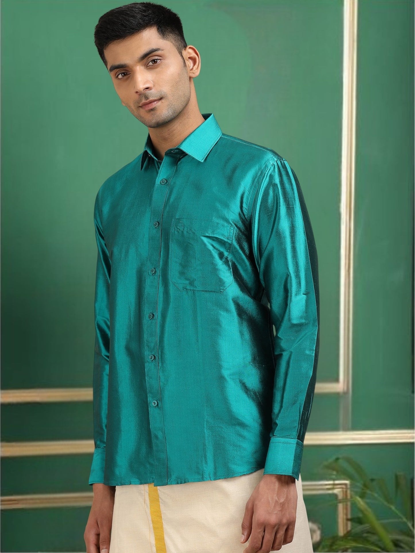 Tattva Men Sea Green Toned Pure Silk Shirt