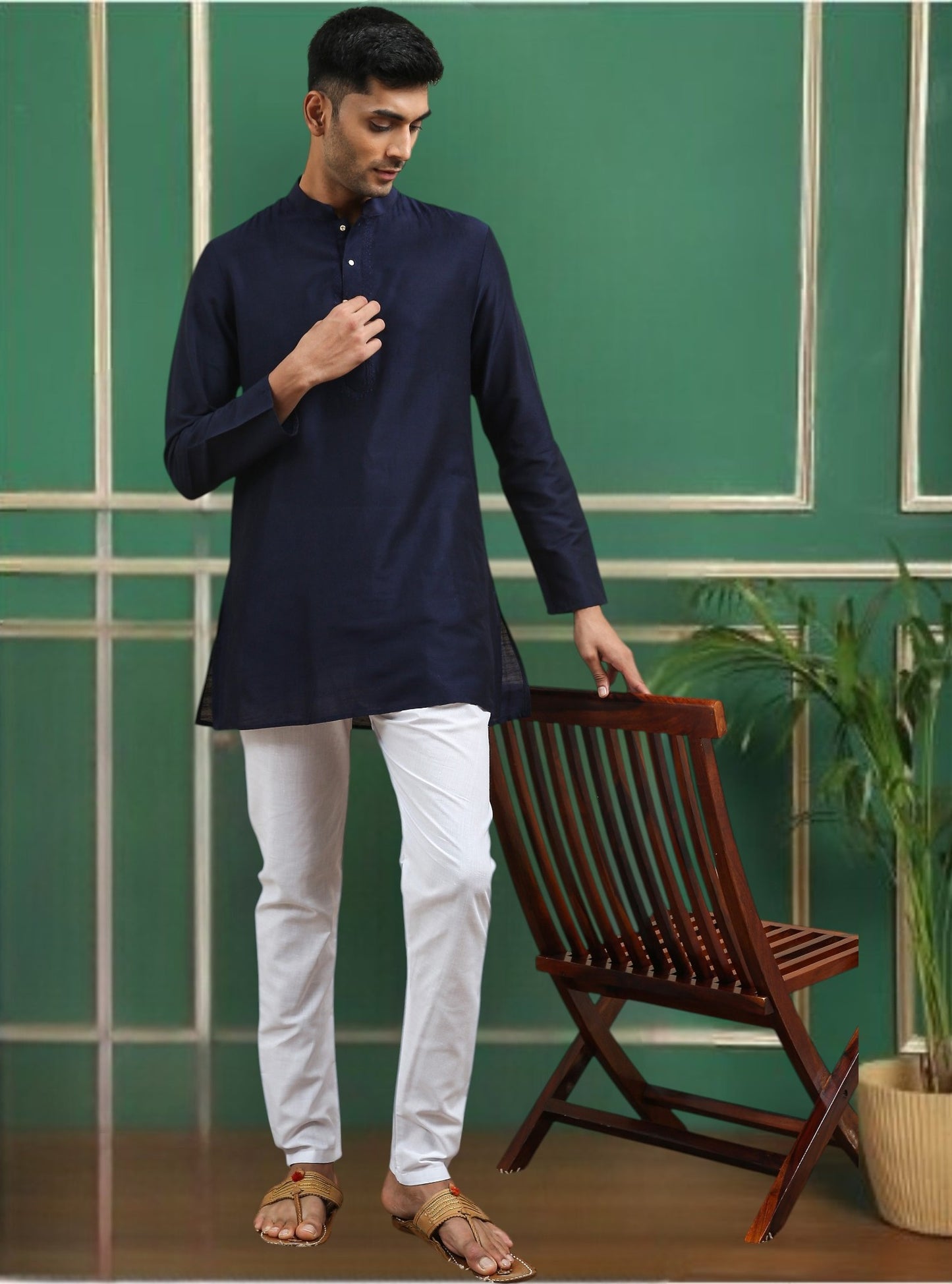 Tattva Navy Blue Toned Embroidered Cotton Short Kurta