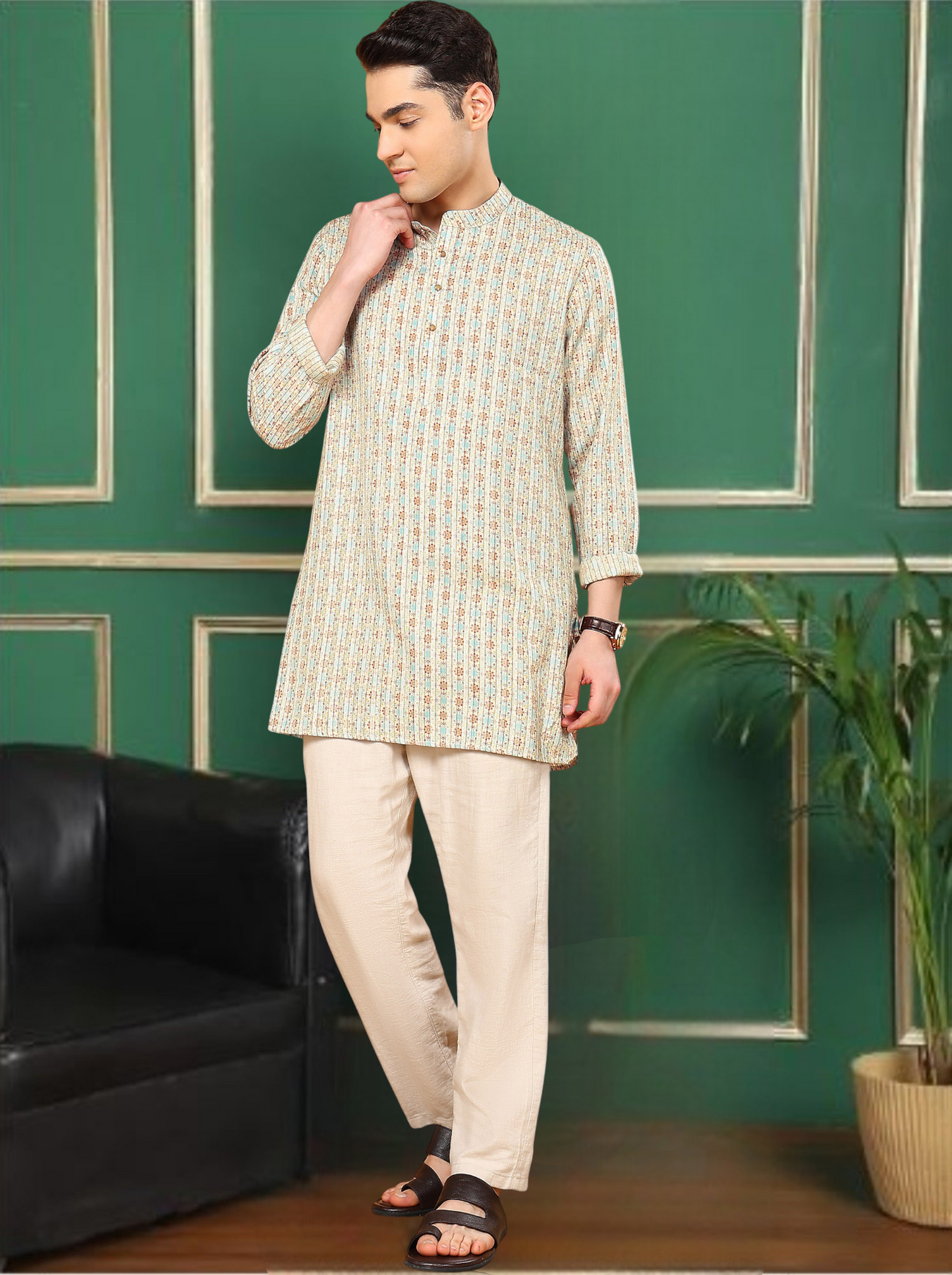 Tattva Men Floral and Striped Short Kurta
