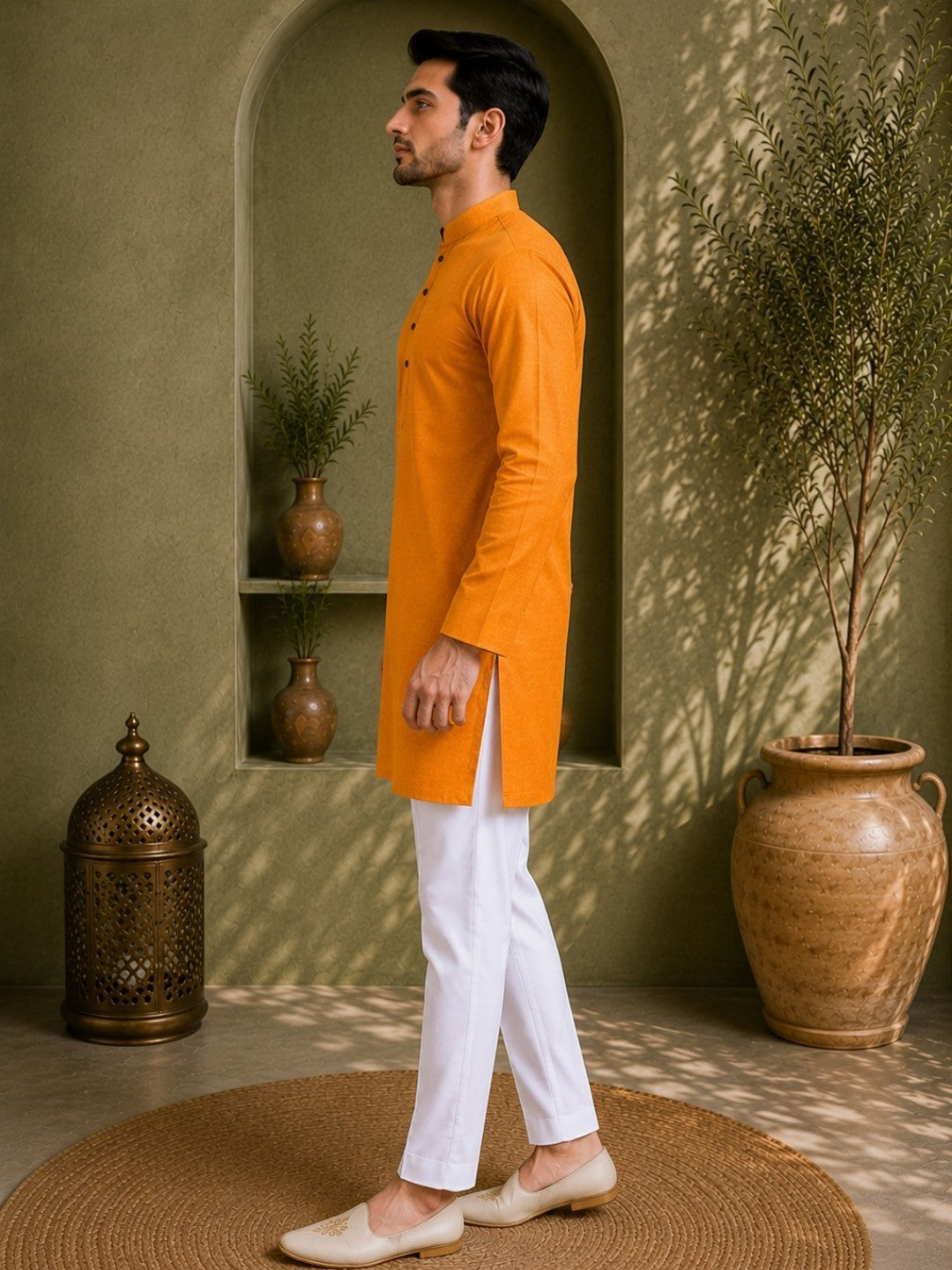 Tattva Men Saffron-Toned Applique Mandarin Collar Kurta