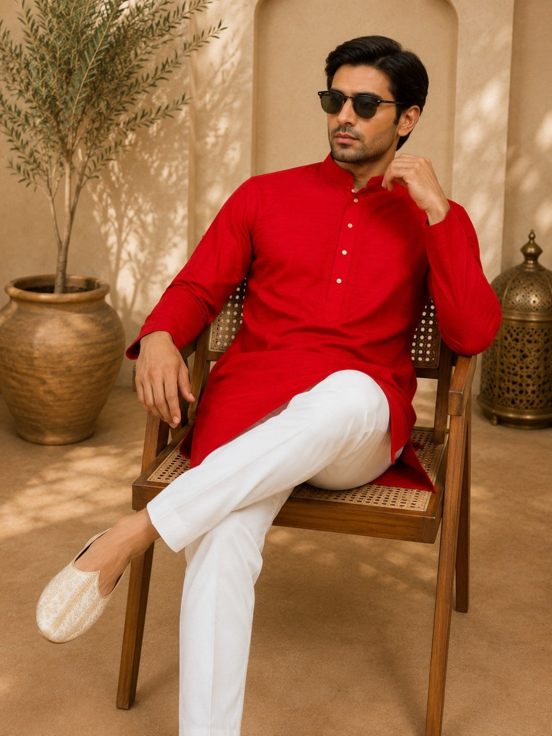 Tattva Red Toned Embroidered Cotton Short Kurta