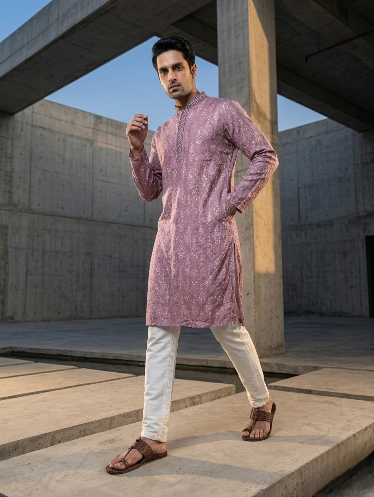 Tattva Woven Diamond Motif Mauve Festive Kurta Set