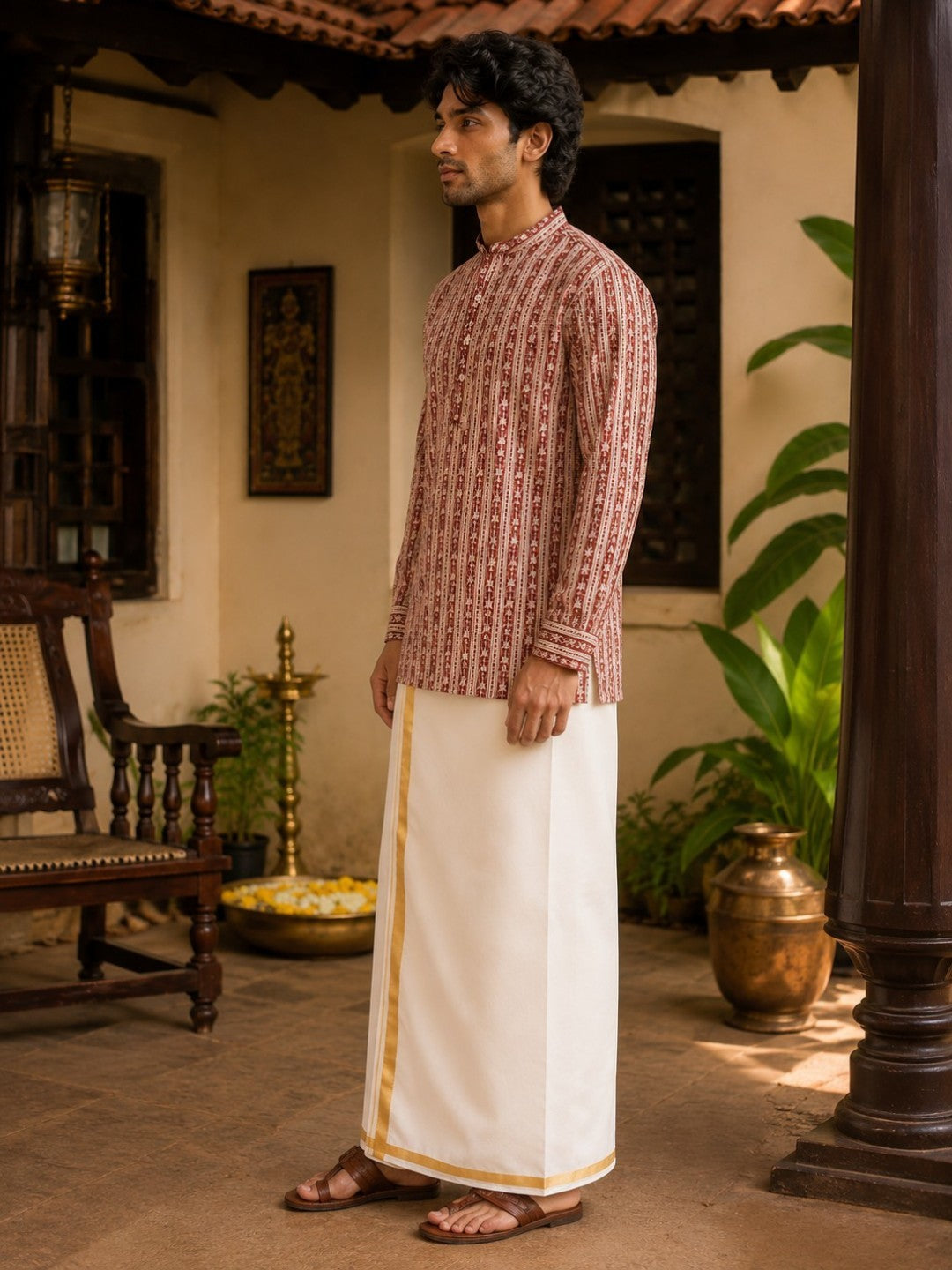Tattva Men Floral Printed Woven Thread Super Short Kurta