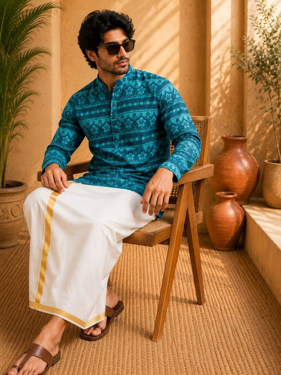 Tattva Men Floral Printed Woven Thread Super Short Kurta