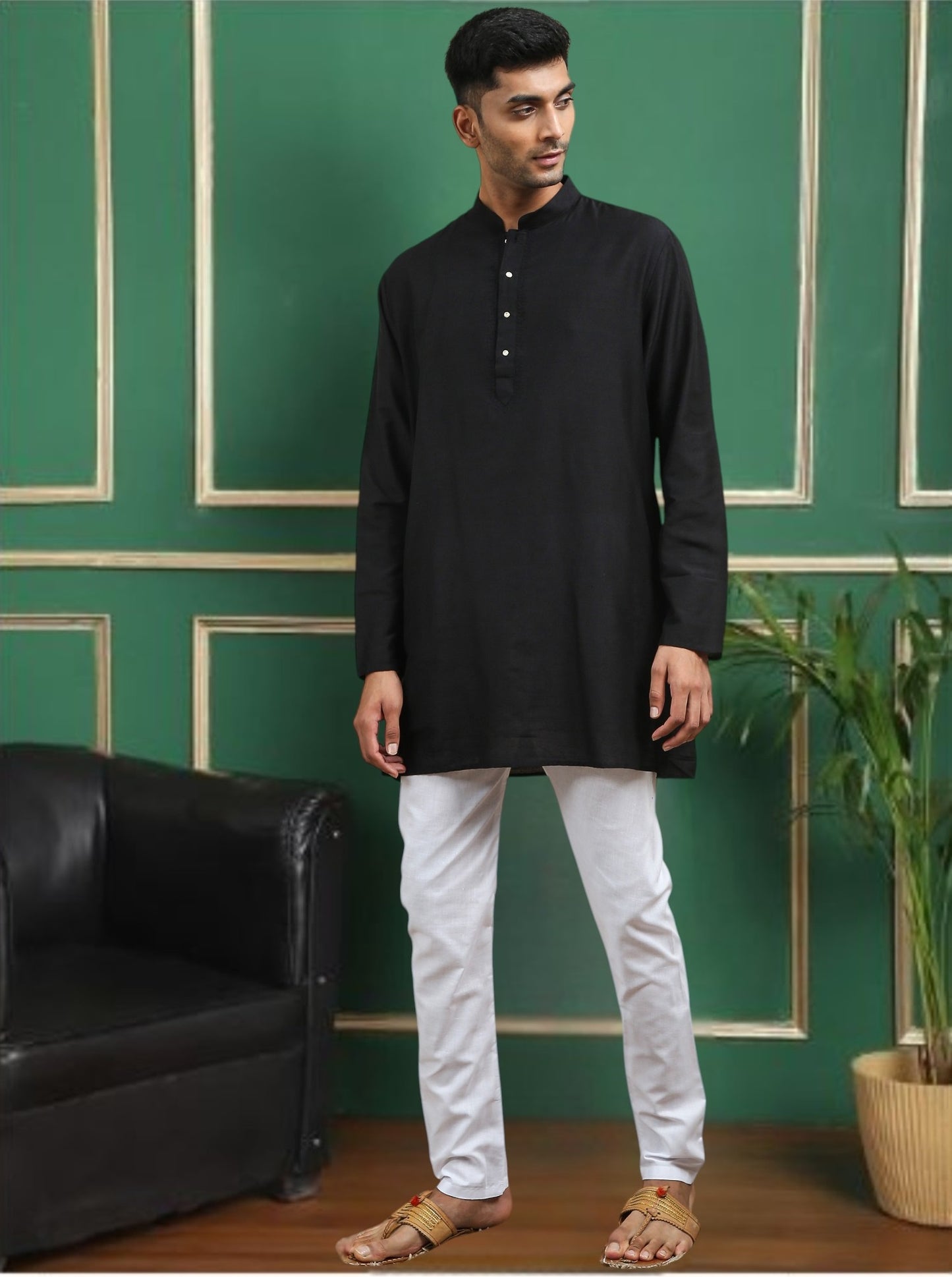 Tattva Black Toned Embroidered Cotton Short Kurta