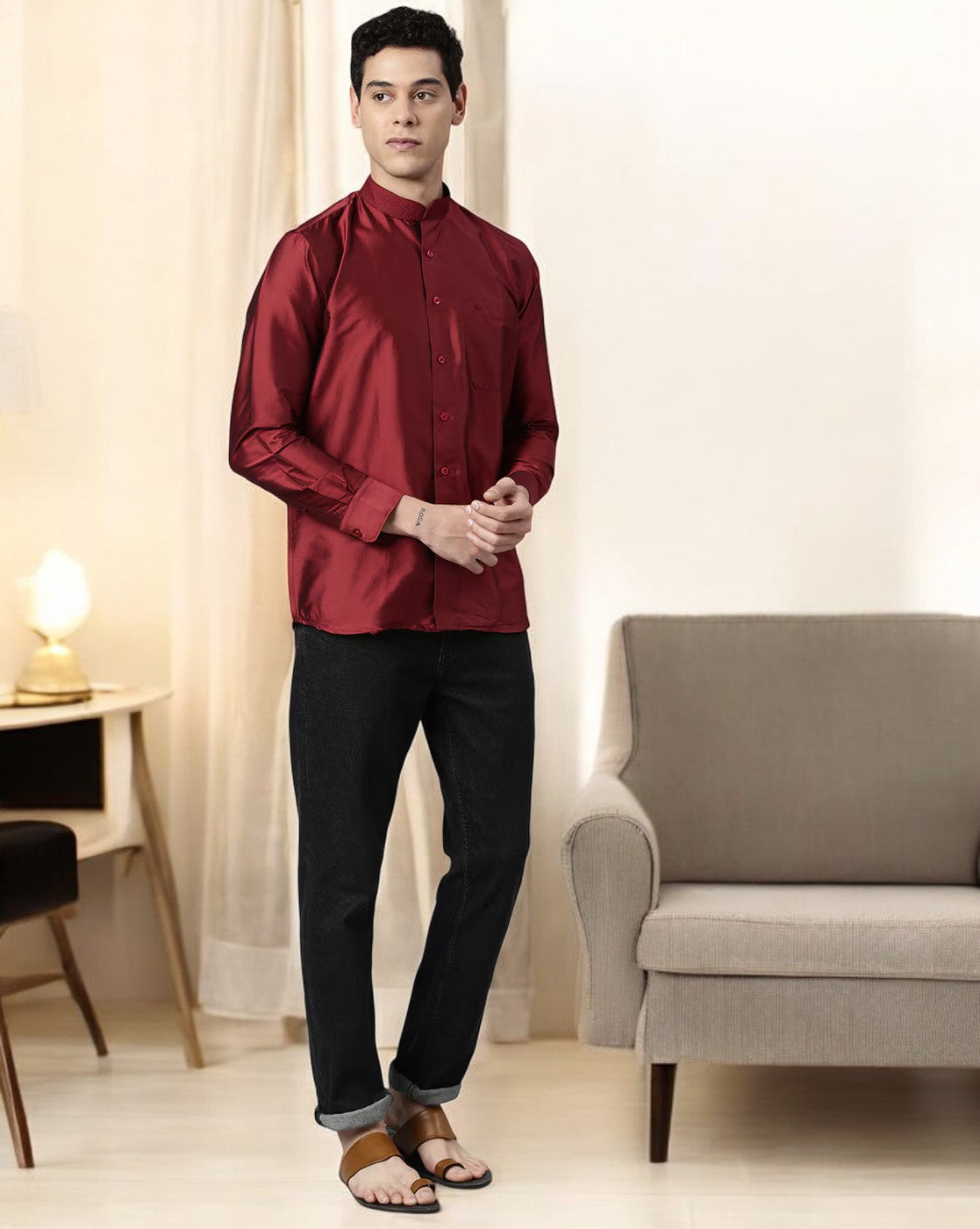 Maroon Color Art Silk Slim Fit Solid Party Shirt